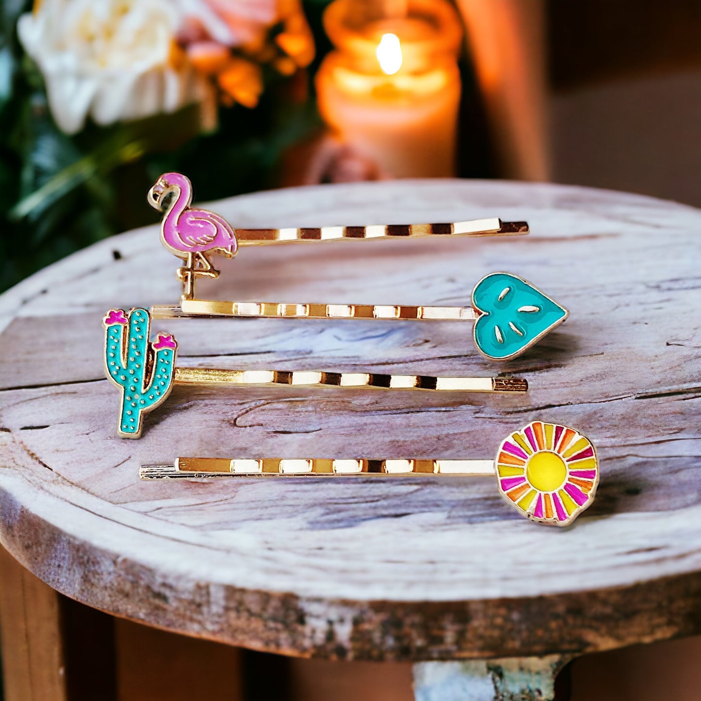 Cactus, Flamingo, Monstera Leaf, & Sunflower Hair Pins Set of 4 - Tropical-Inspired Accessories for Fun Hairstyles