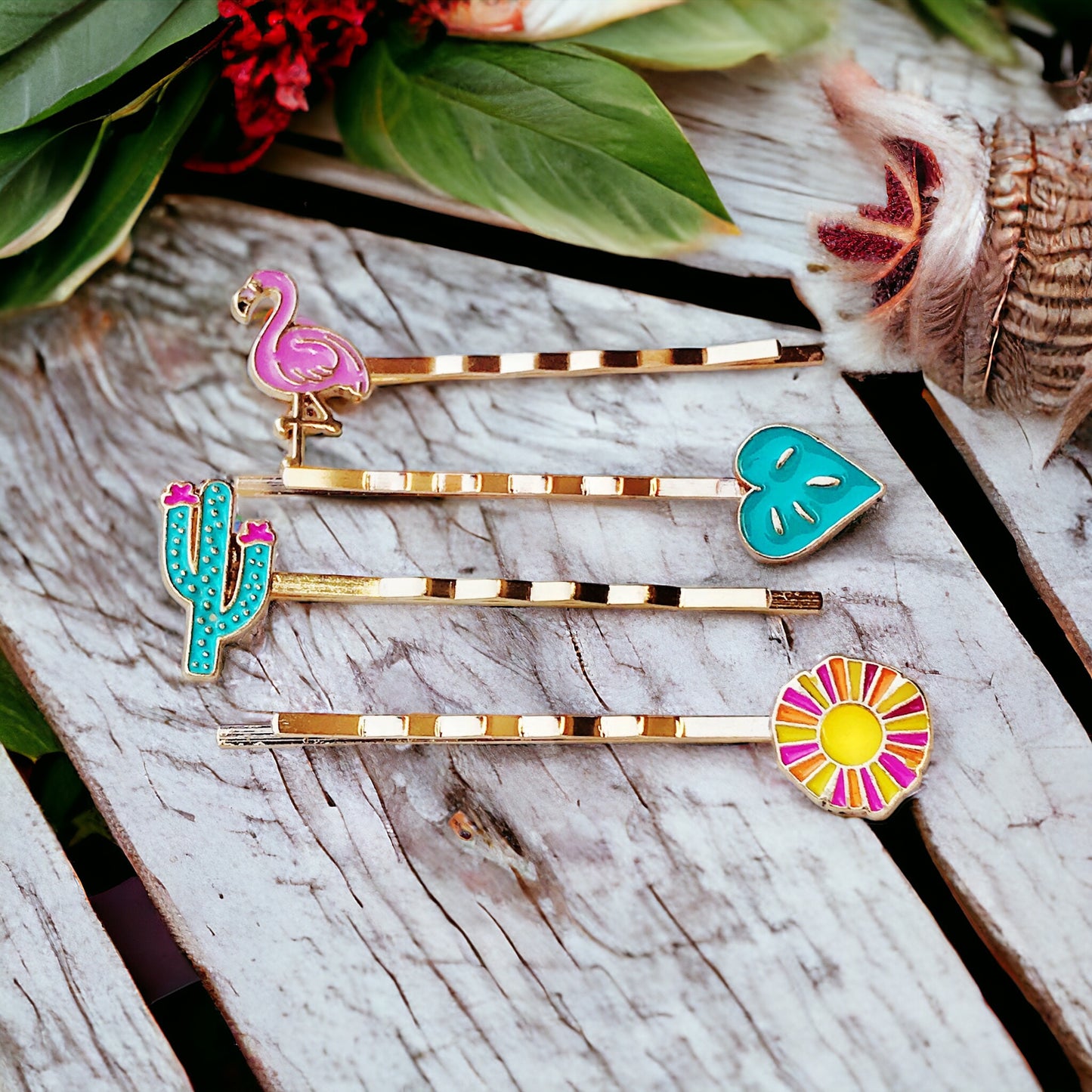 Cactus, Flamingo, Monstera Leaf, & Sunflower Hair Pins Set of 4 - Tropical-Inspired Accessories for Fun Hairstyles