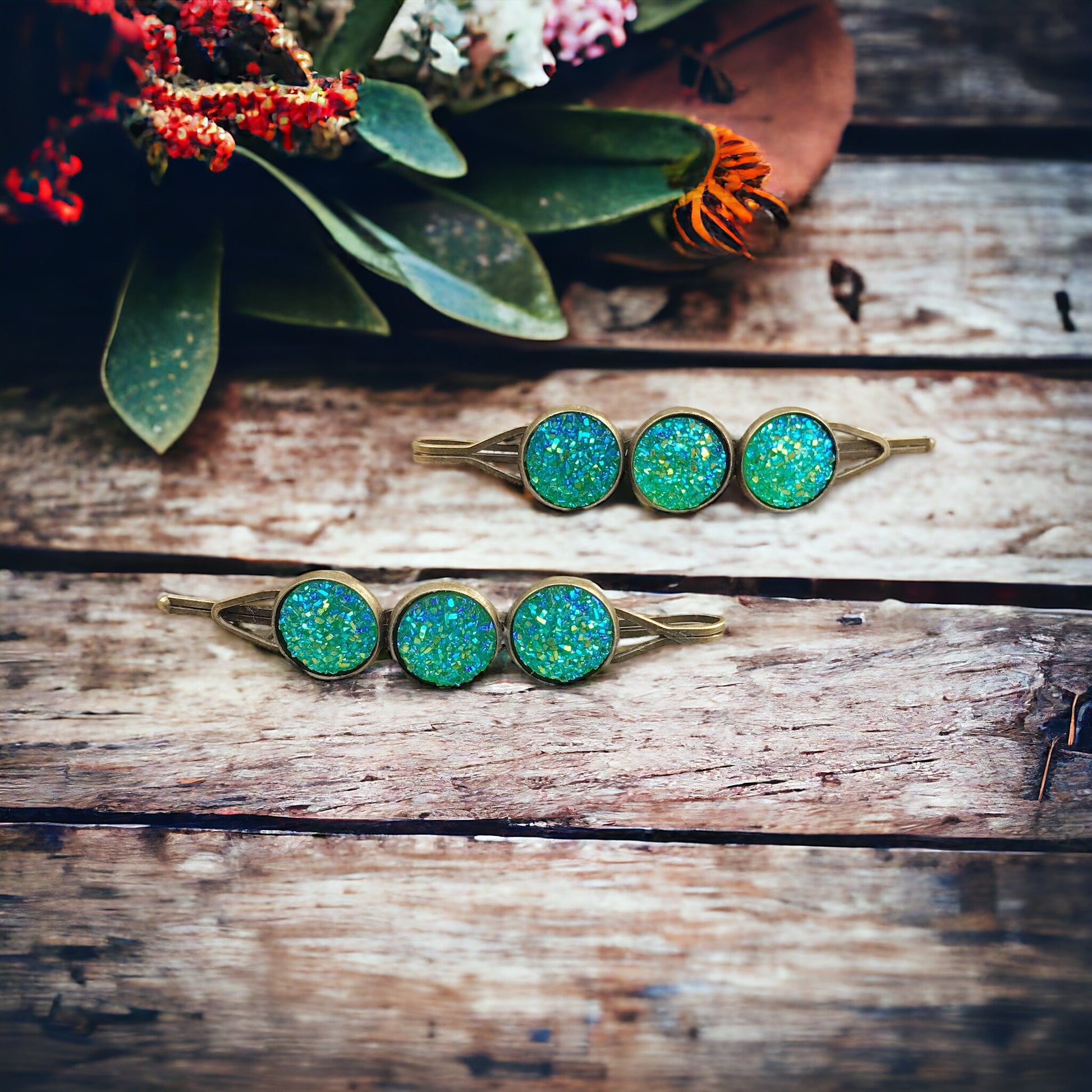 Green Druzy Hair Pin Set - Elegant Hair Accessories