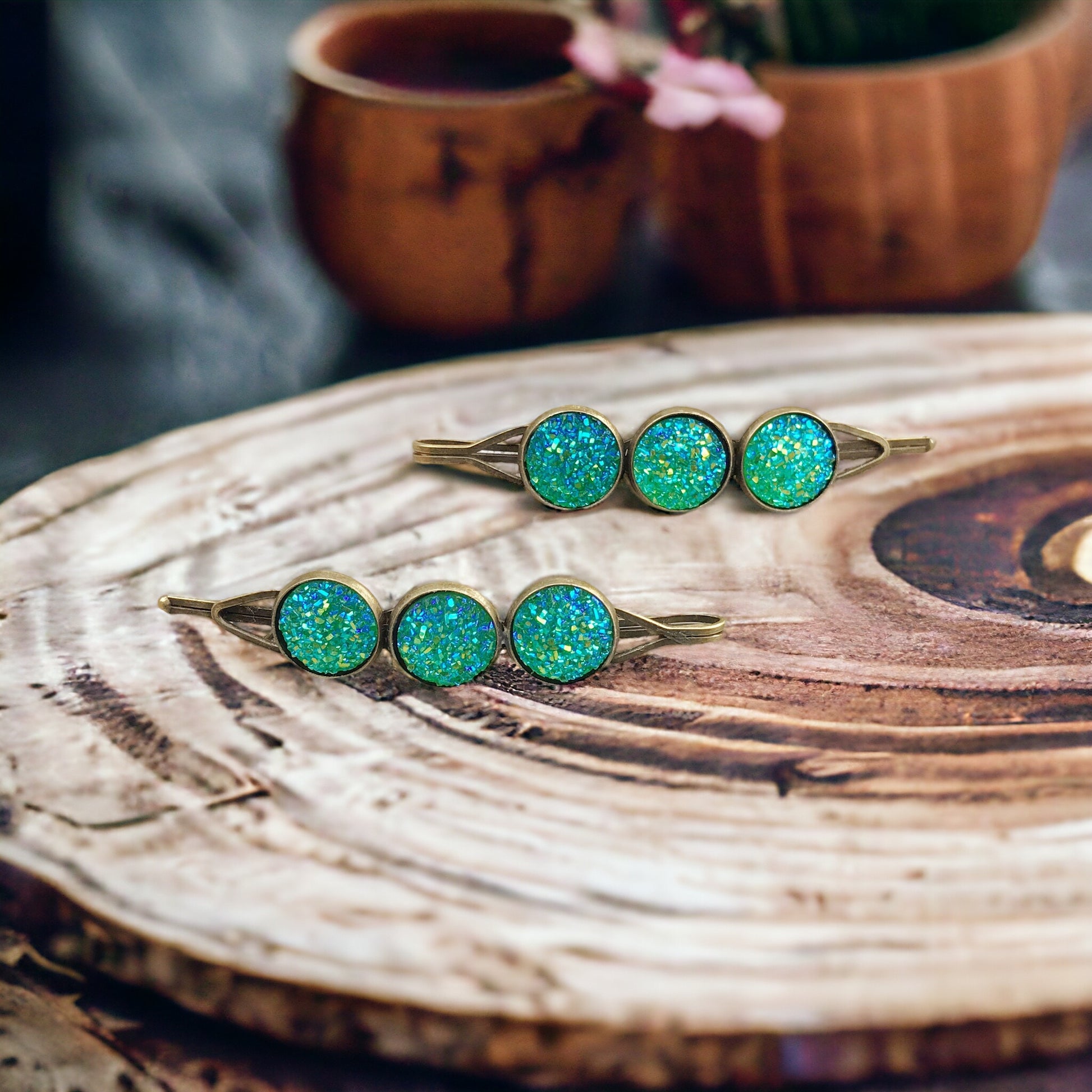 Green Druzy Hair Pin Set - Elegant Hair Accessories