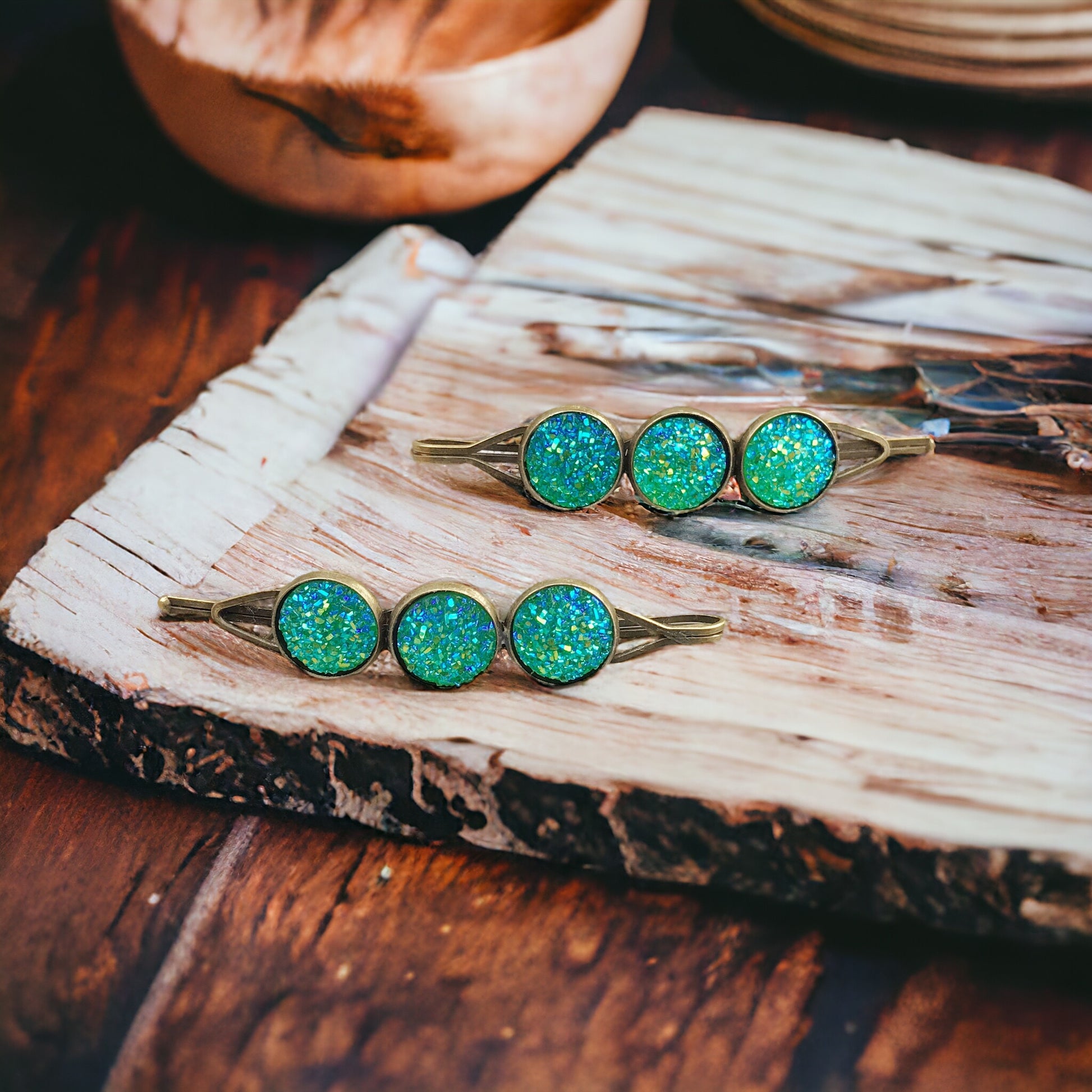 Green Druzy Hair Pin Set - Elegant Hair Accessories