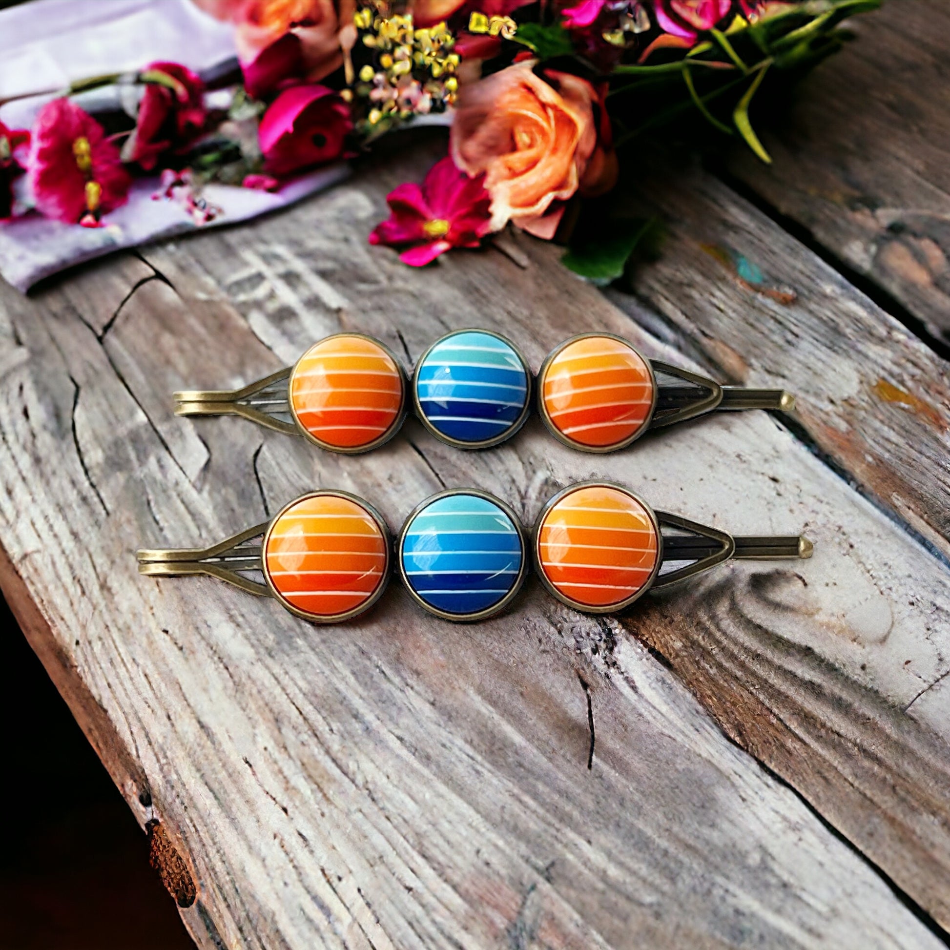 Orange & Blue Gradient Striped Hair Pins: Vibrant Accessories for Stylish Hairdos