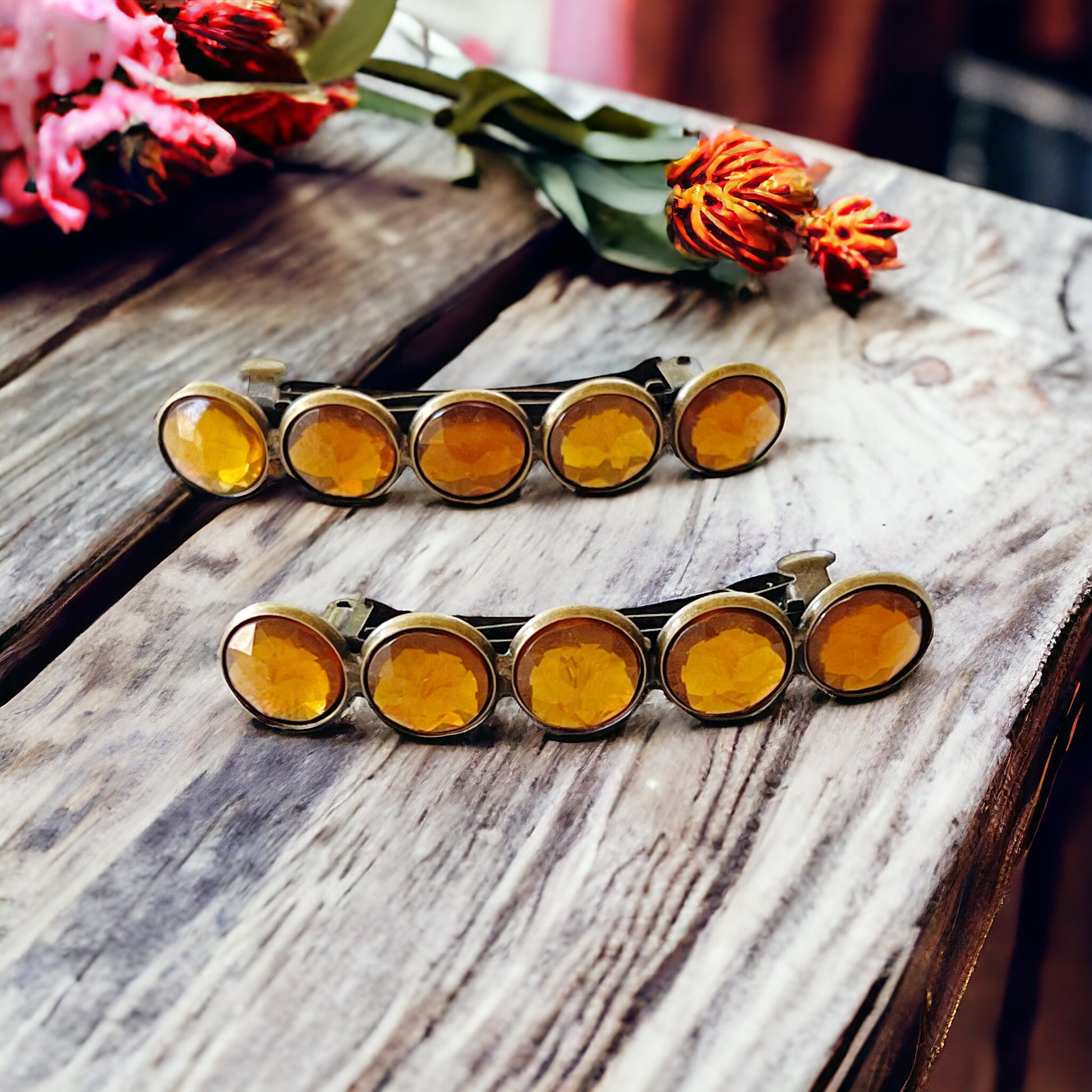 Brown Acrylic & Antiqued Brass Hair Clips: Vintage-Inspired Accessories