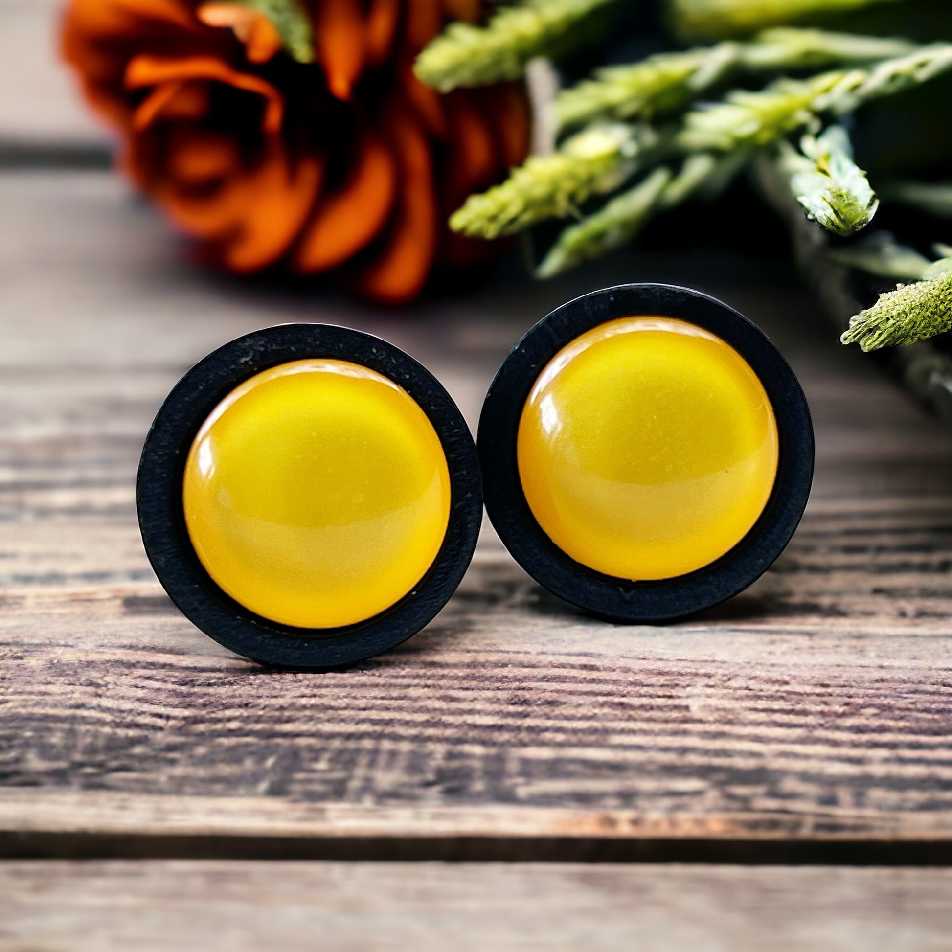 Yellow Resin Black Wood Unisex Stud Earrings - Stylish & Versatile Accessories