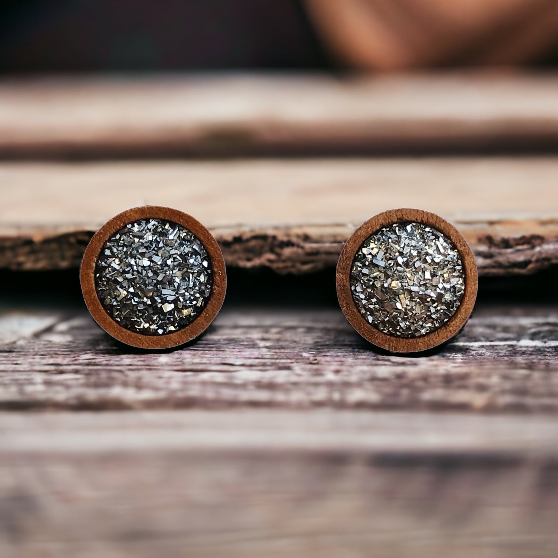 Slate Gray Druzy Wood Stud Earrings - Elegant & Natural Accessories