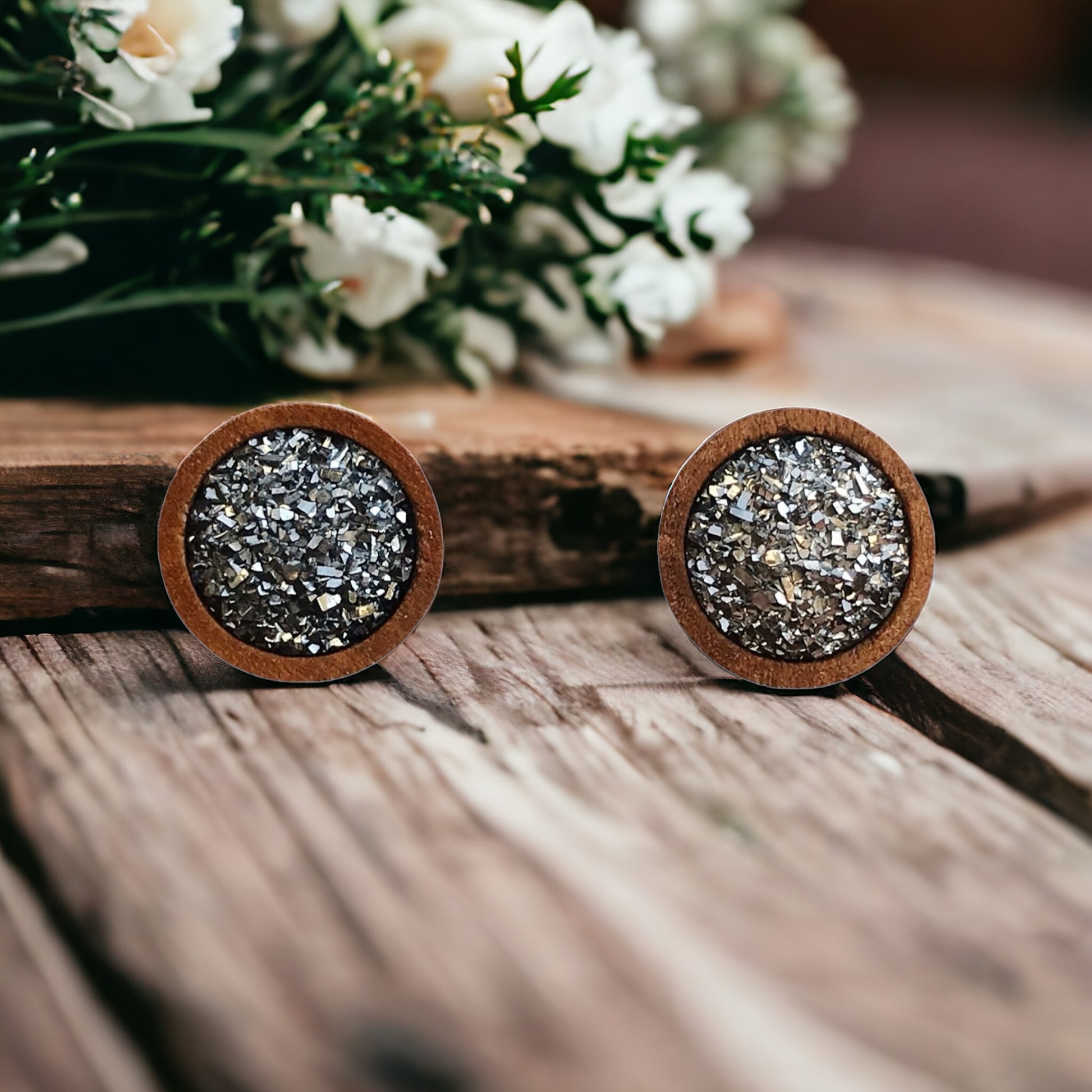 Slate Gray Druzy Wood Stud Earrings - Elegant & Natural Accessories