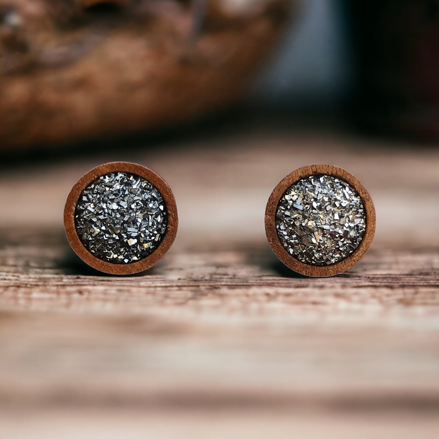 Slate Gray Druzy Wood Stud Earrings - Elegant & Natural Accessories