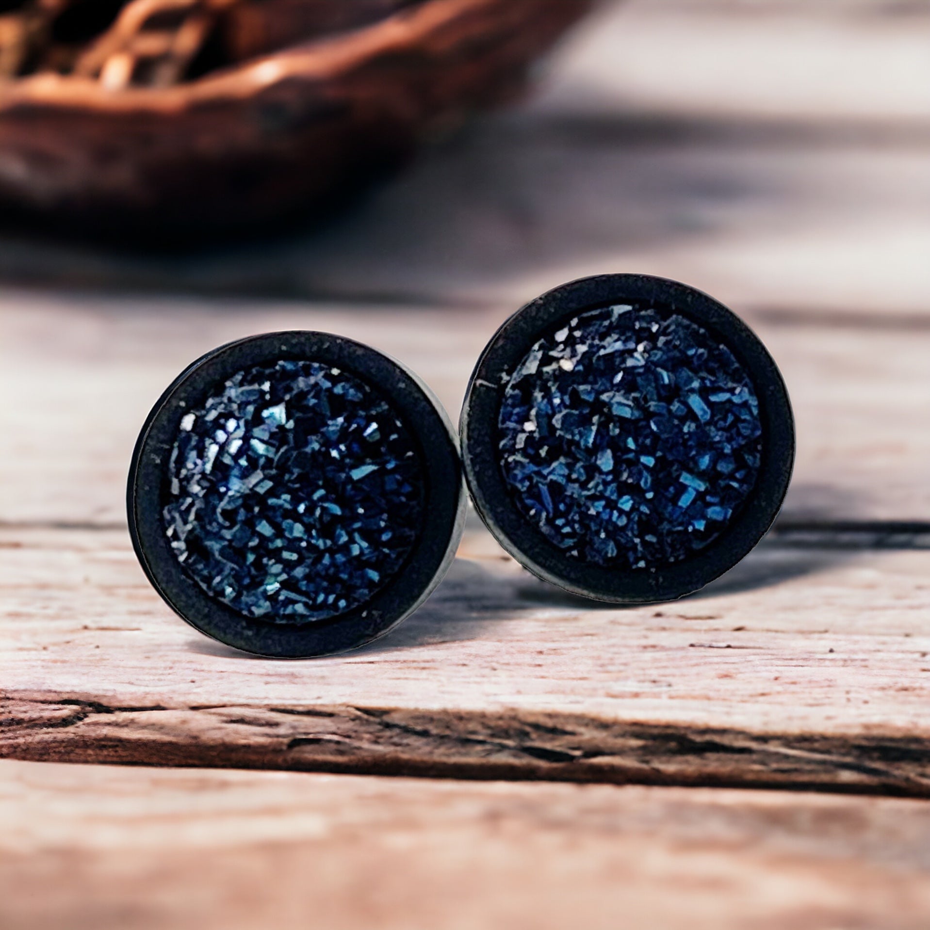 Round Blue Druzy & Black Wood Stud Earrings - Statement-making & Contemporary Accessories