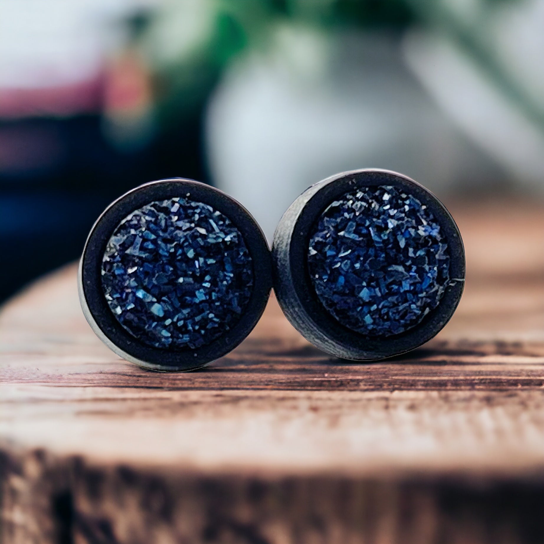 Round Blue Druzy & Black Wood Stud Earrings - Statement-making & Contemporary Accessories