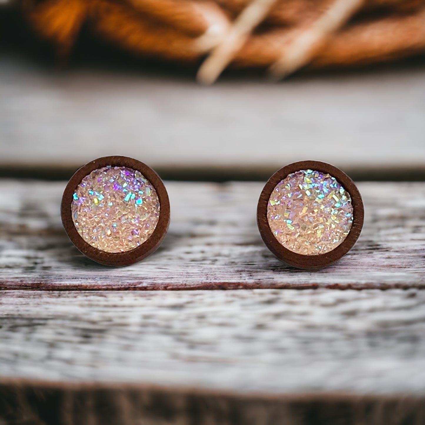 Blush Pink Druzy Earrings - Boho Chic Studs with Natural Wood Accents | Statement Jewelry Gifts