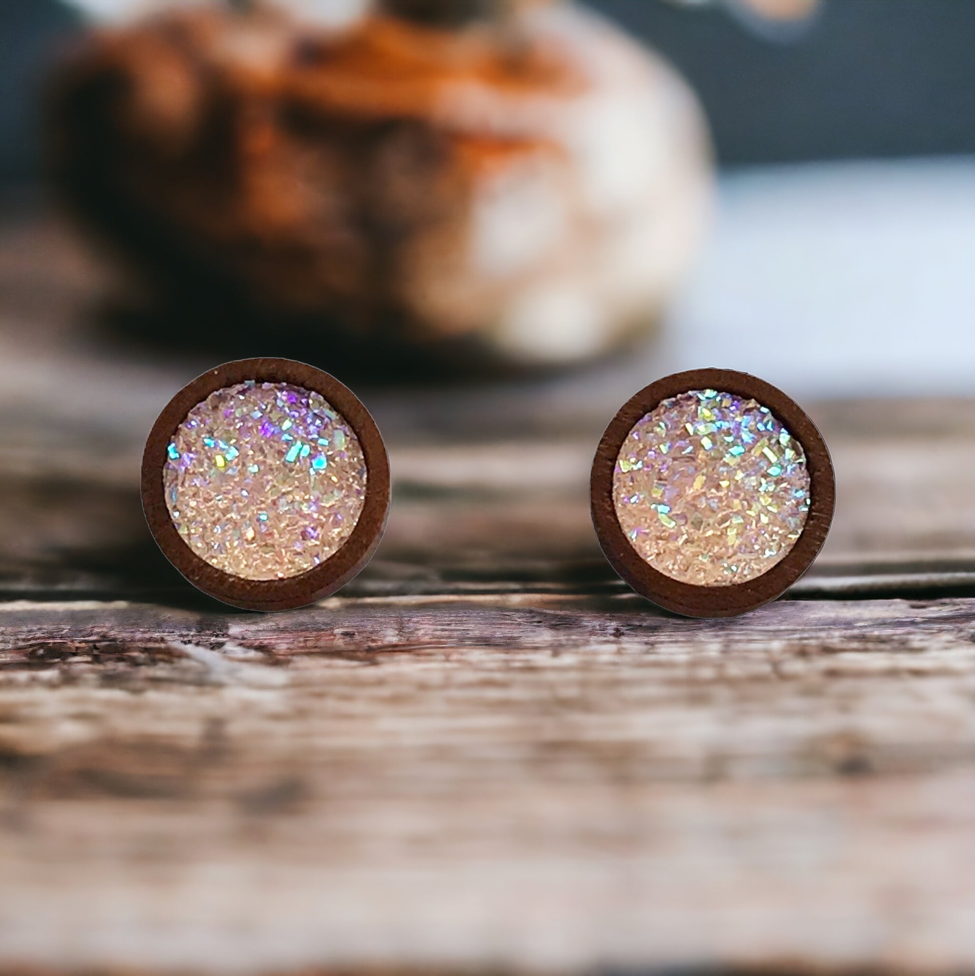 Blush Pink Druzy Earrings - Boho Chic Studs with Natural Wood Accents | Statement Jewelry Gifts