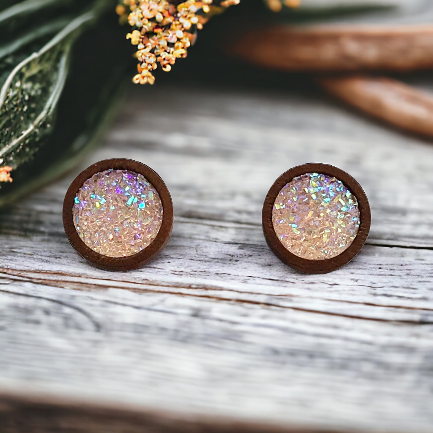 Blush Pink Druzy Earrings - Boho Chic Studs with Natural Wood Accents | Statement Jewelry Gifts