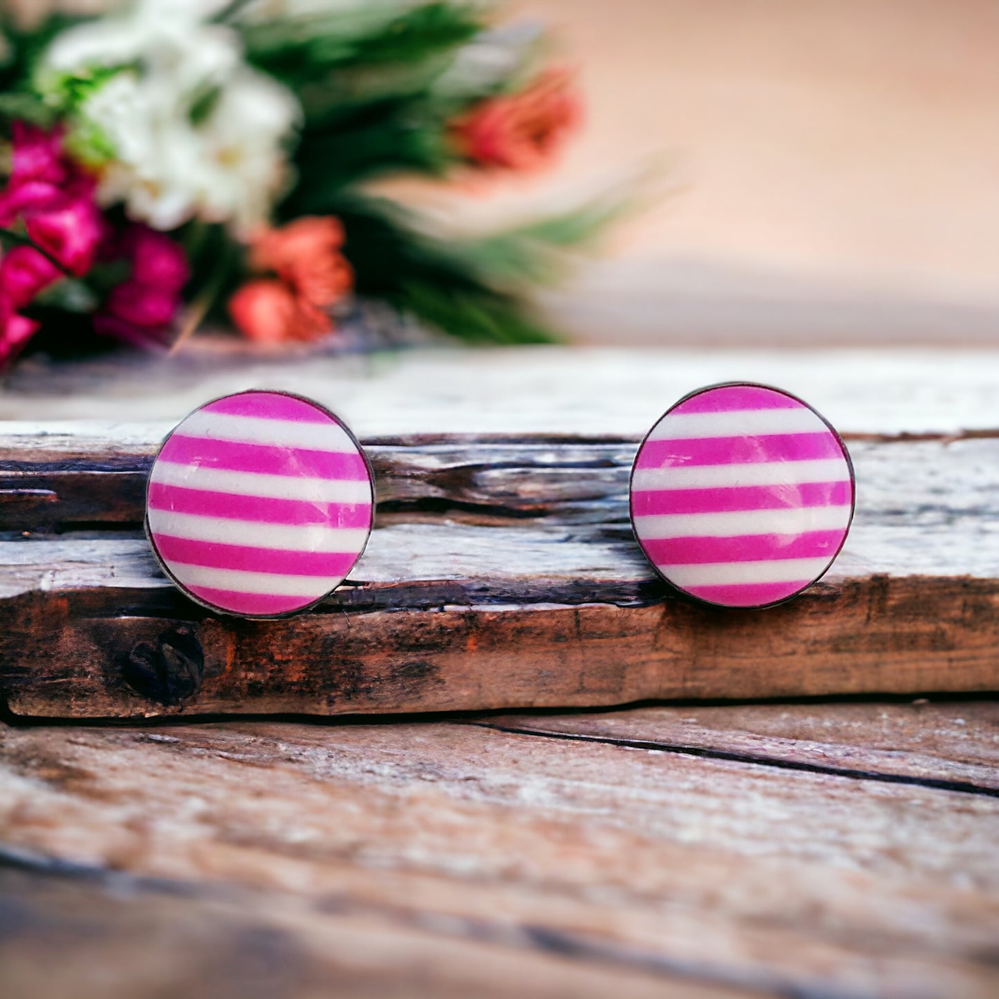 Pink & White Striped Silver Stud Earrings - Chic & Playful Accessories