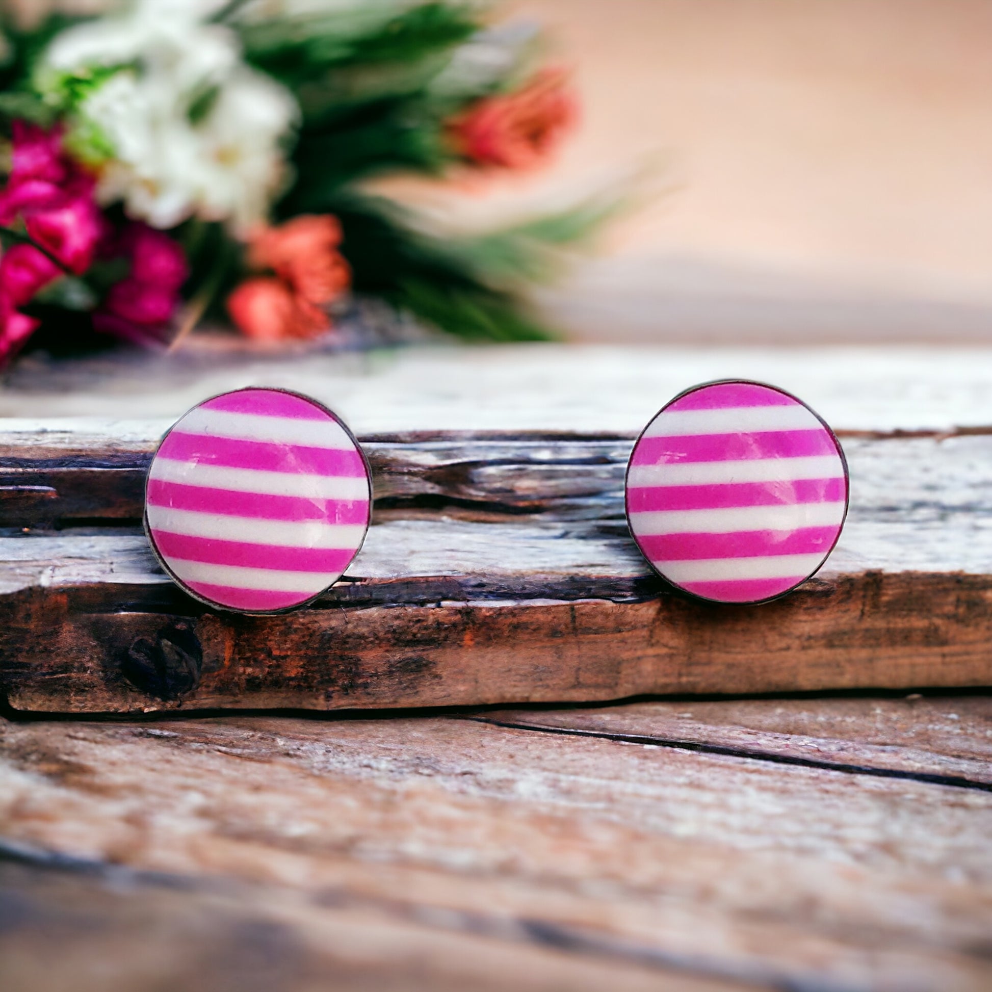 Pink & White Striped Silver Stud Earrings - Chic & Playful Accessories