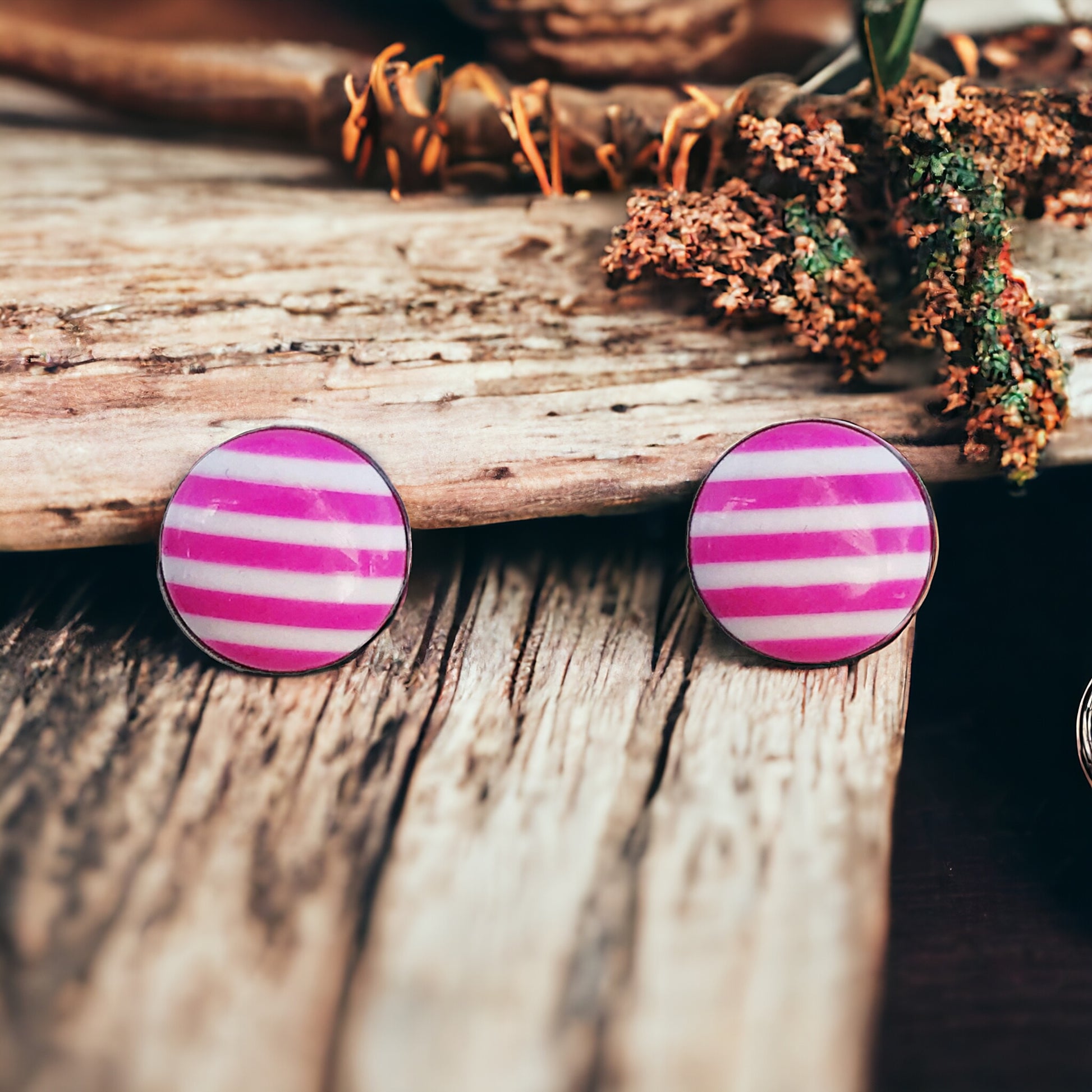 Pink & White Striped Silver Stud Earrings - Chic & Playful Accessories