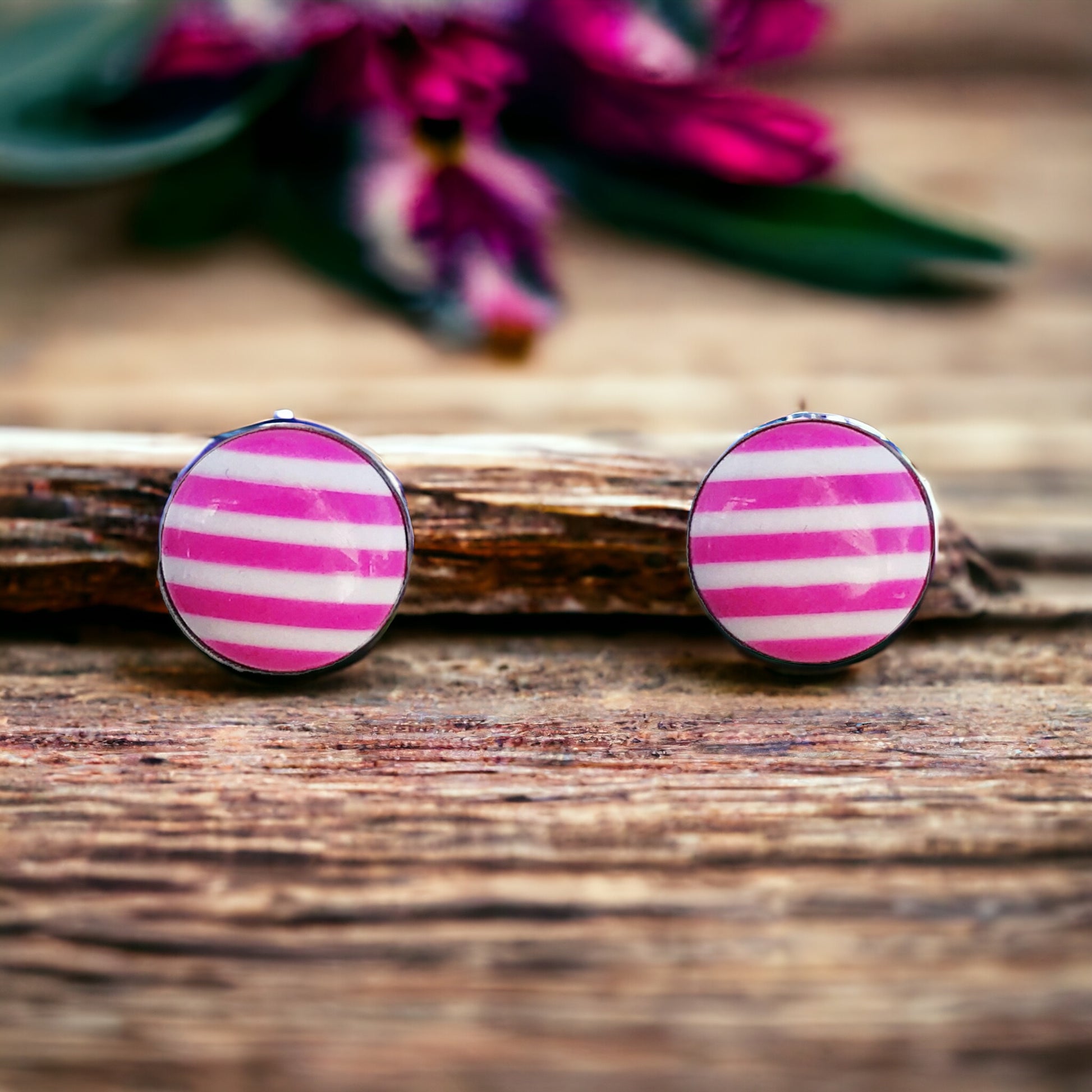 Pink & White Striped Silver Stud Earrings - Chic & Playful Accessories