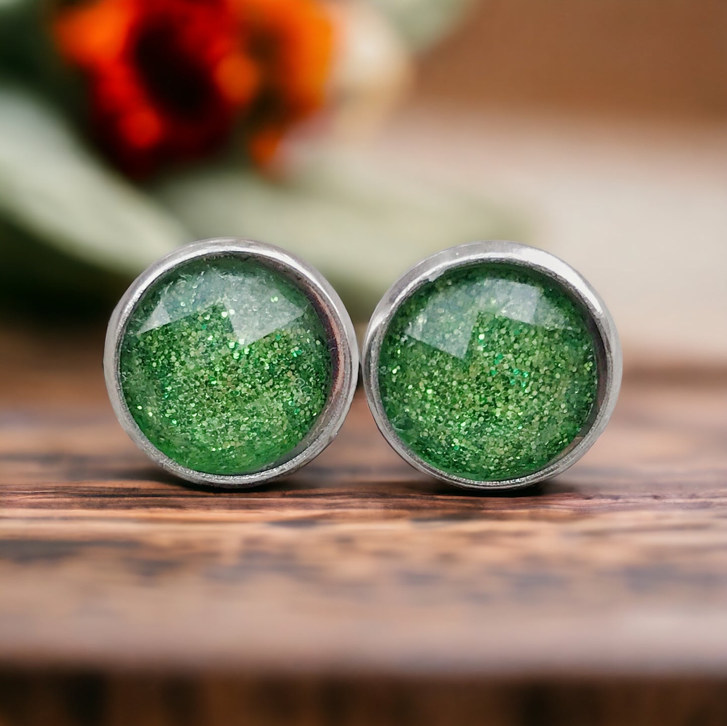 Green Glitter Acrylic Silver Stud Earrings - Sparkling & Stylish Accessories