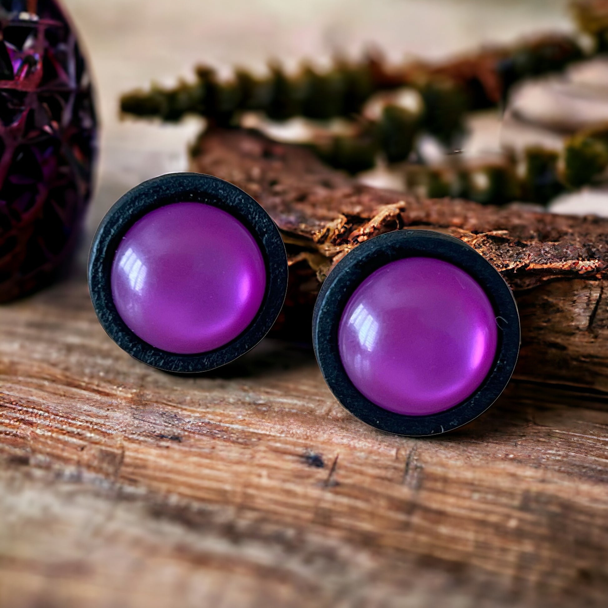 Purple Resin Black Wood Unisex Stud Earrings - Unique & Stylish Accessories