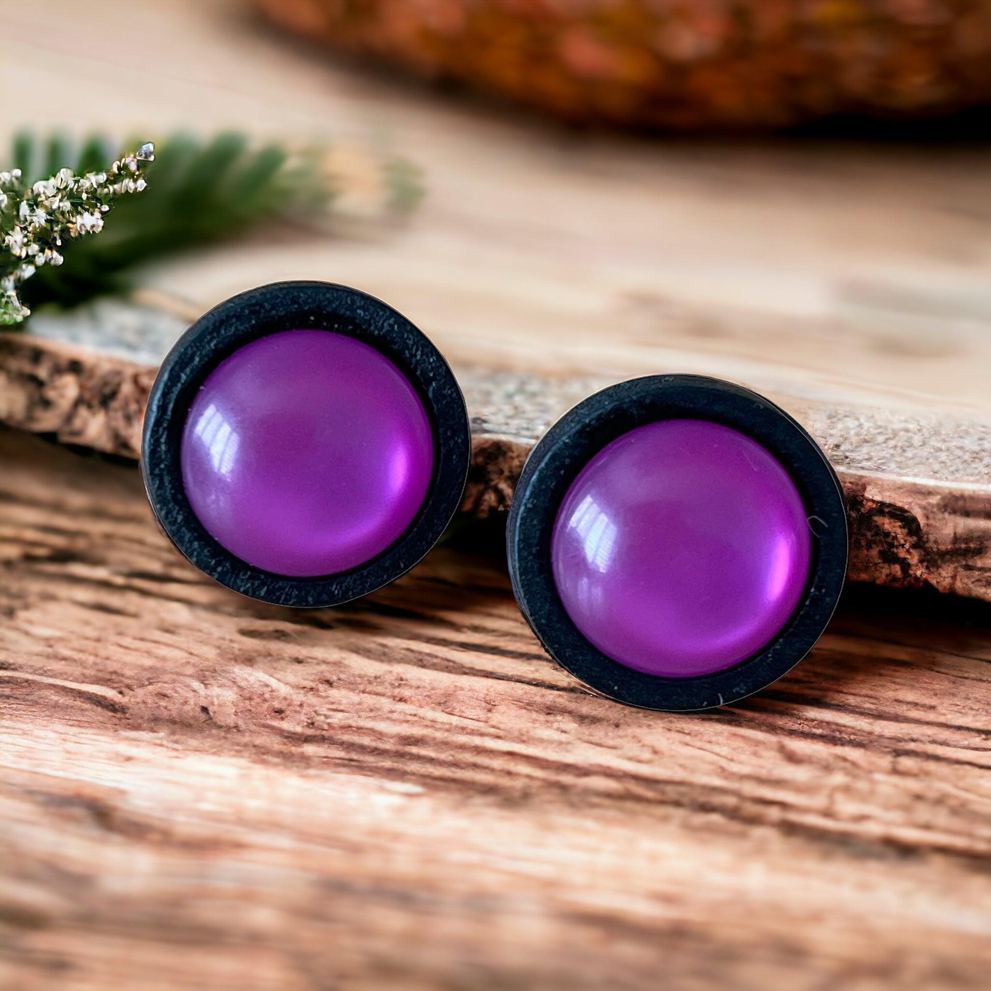 Purple Resin Black Wood Unisex Stud Earrings - Unique & Stylish Accessories