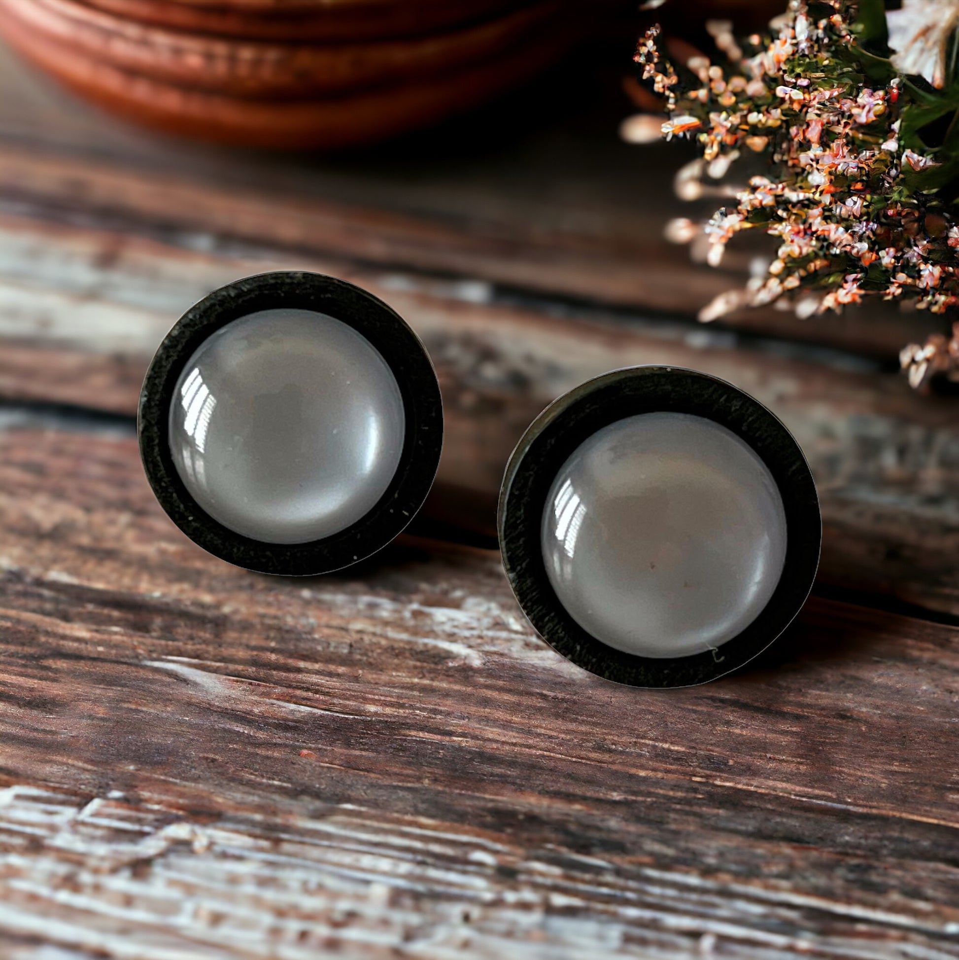 Gray Resin Black Wood Unisex Stud Earrings - Stylish & Versatile Accessories