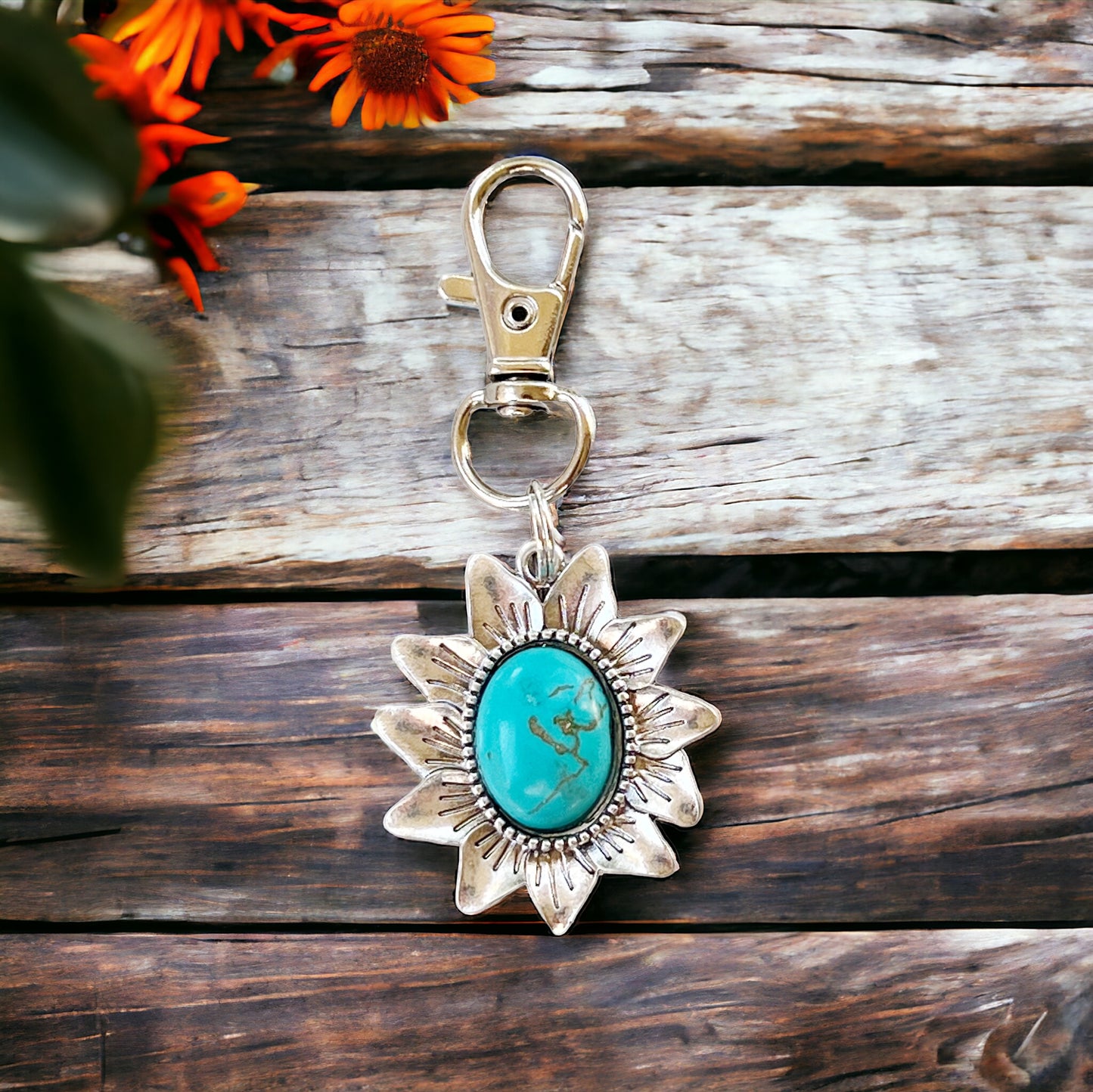 Turquoise Sunflower Boho Western Zipper Pull Purse Charm - Stylish Southwest-Inspired Accessory