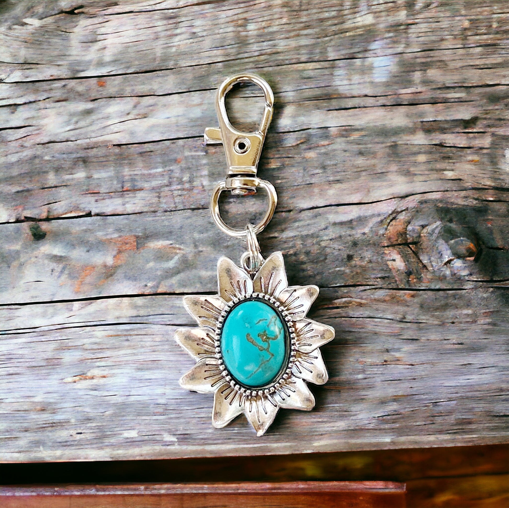 Turquoise Sunflower Boho Western Zipper Pull Purse Charm - Stylish Southwest-Inspired Accessory