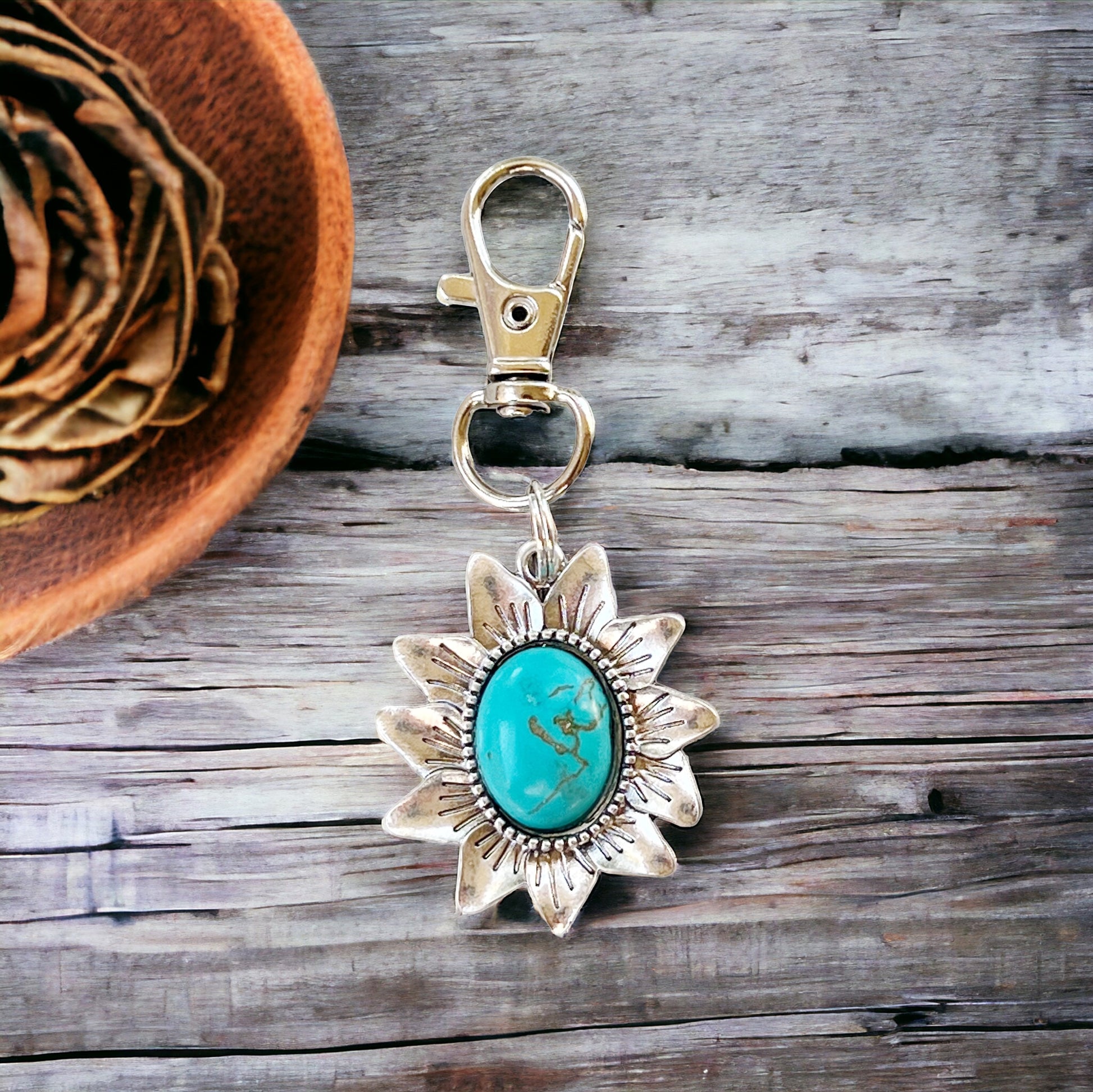 Turquoise Sunflower Boho Western Zipper Pull Purse Charm - Stylish Southwest-Inspired Accessory