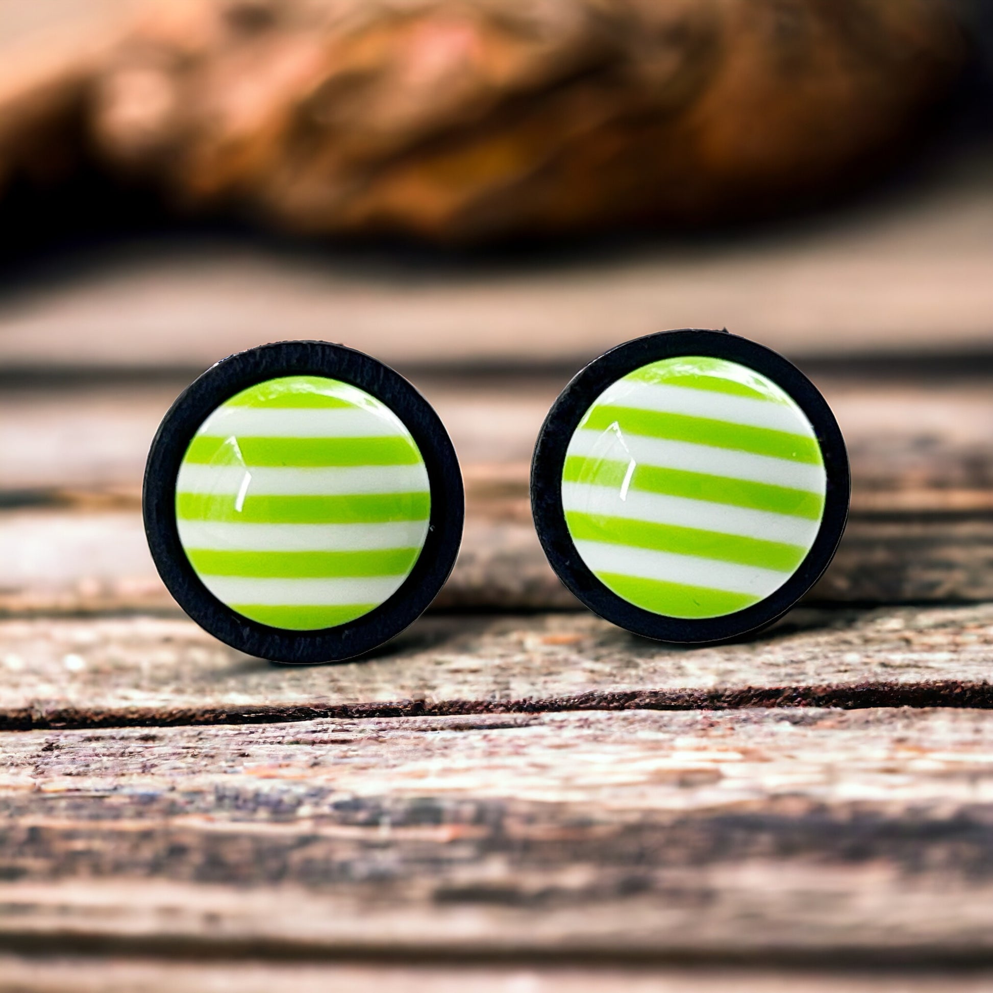 Green & White Striped Black Wood Stud Earrings - Chic & Stylish Accessories