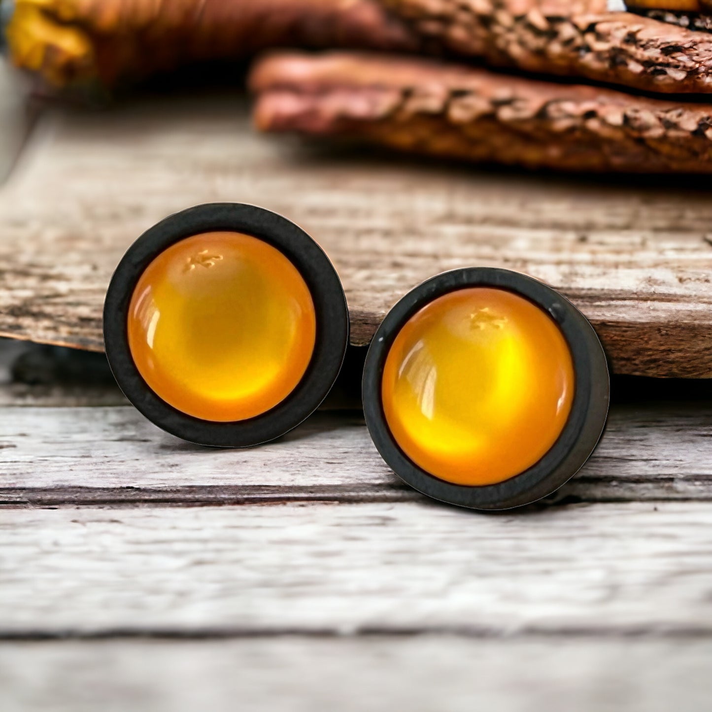 Orange Resin Black Wood Unisex Stud Earrings - Unique & Stylish Accessories