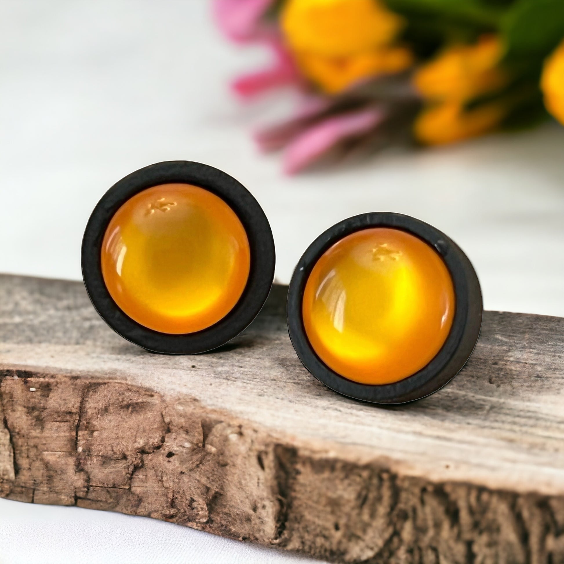 Orange Resin Black Wood Unisex Stud Earrings - Unique & Stylish Accessories