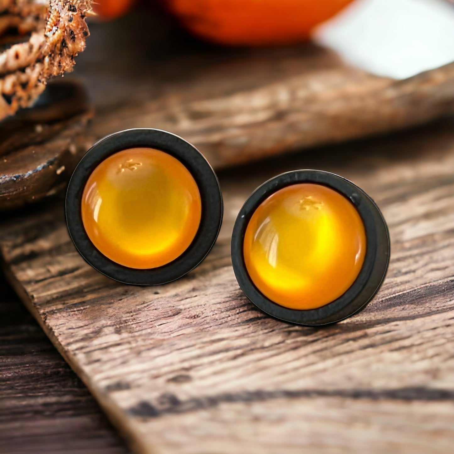 Orange Resin Black Wood Unisex Stud Earrings - Unique & Stylish Accessories