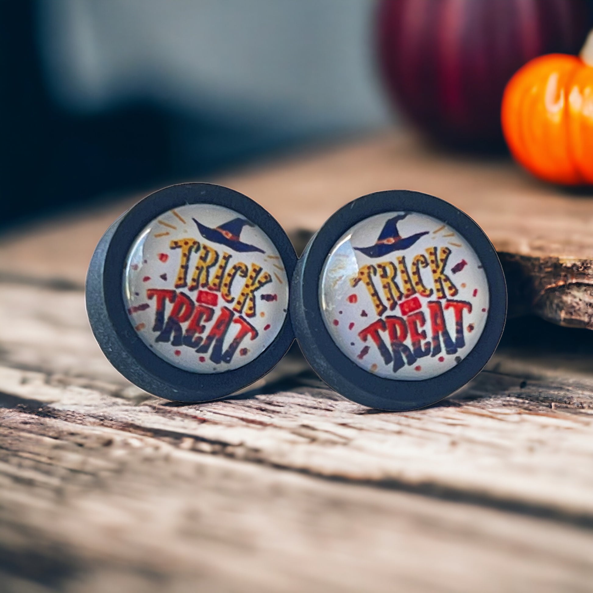 Trick or Treat Black Wood Stud Earrings - Spooky & Fun Halloween Accessories