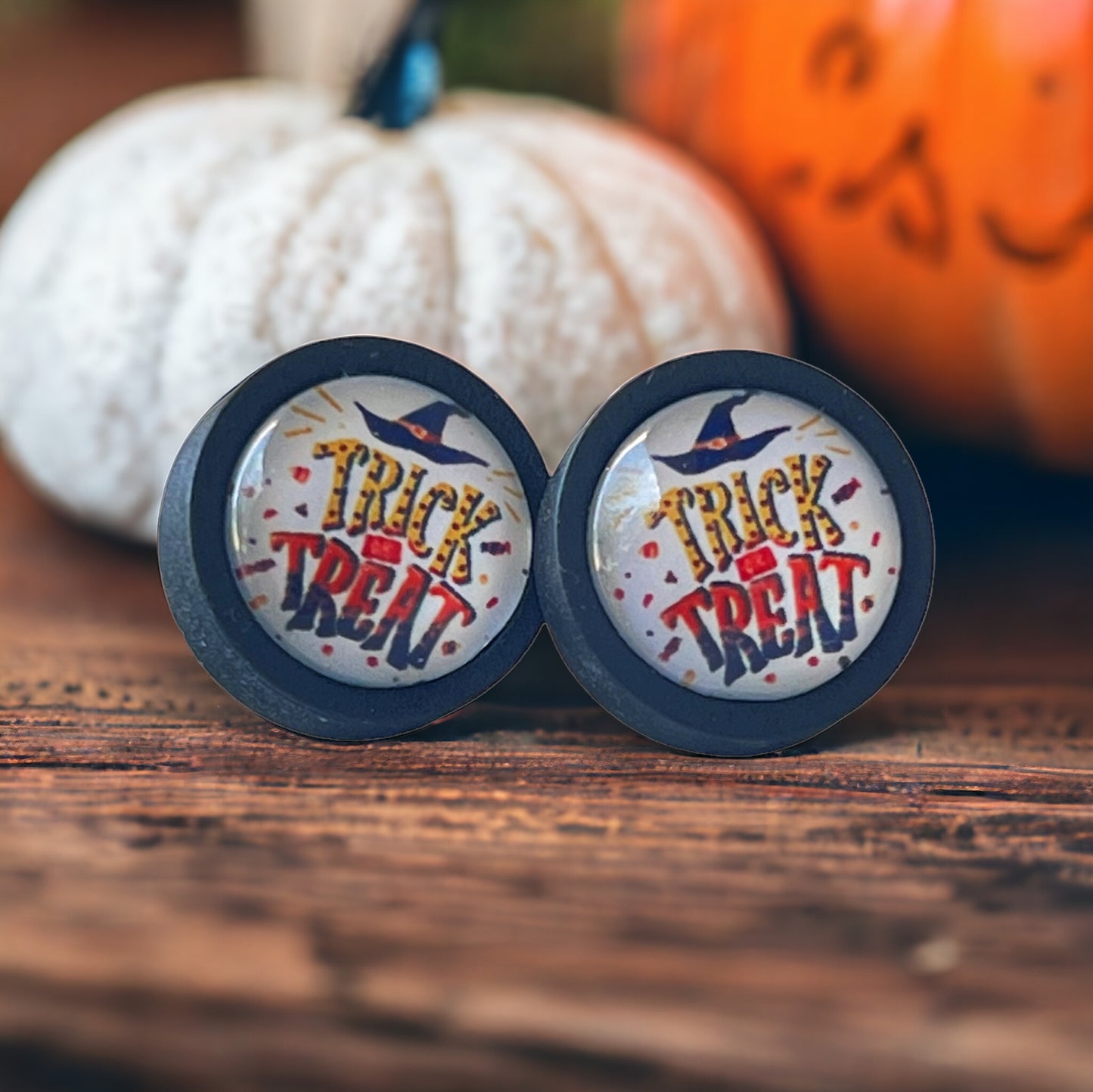 Trick or Treat Black Wood Stud Earrings - Spooky & Fun Halloween Accessories