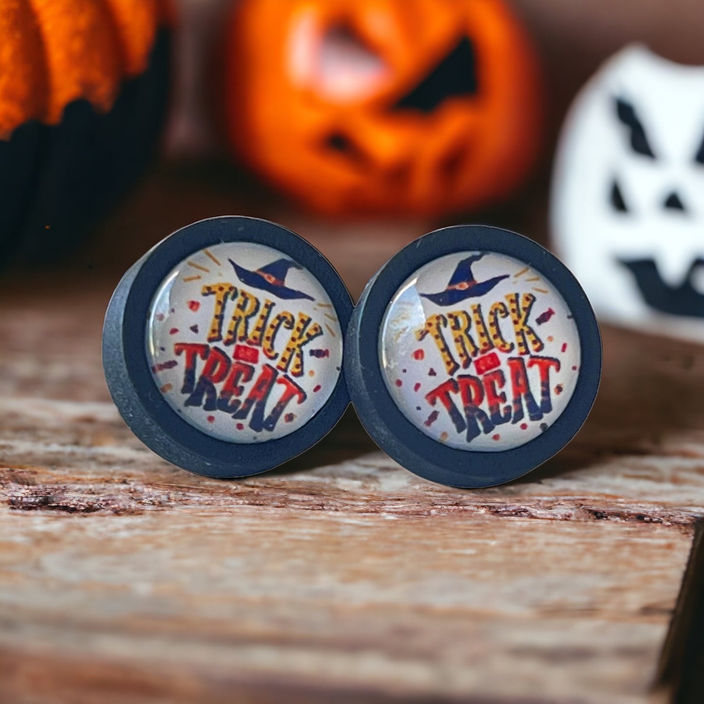 Trick or Treat Black Wood Stud Earrings - Spooky & Fun Halloween Accessories