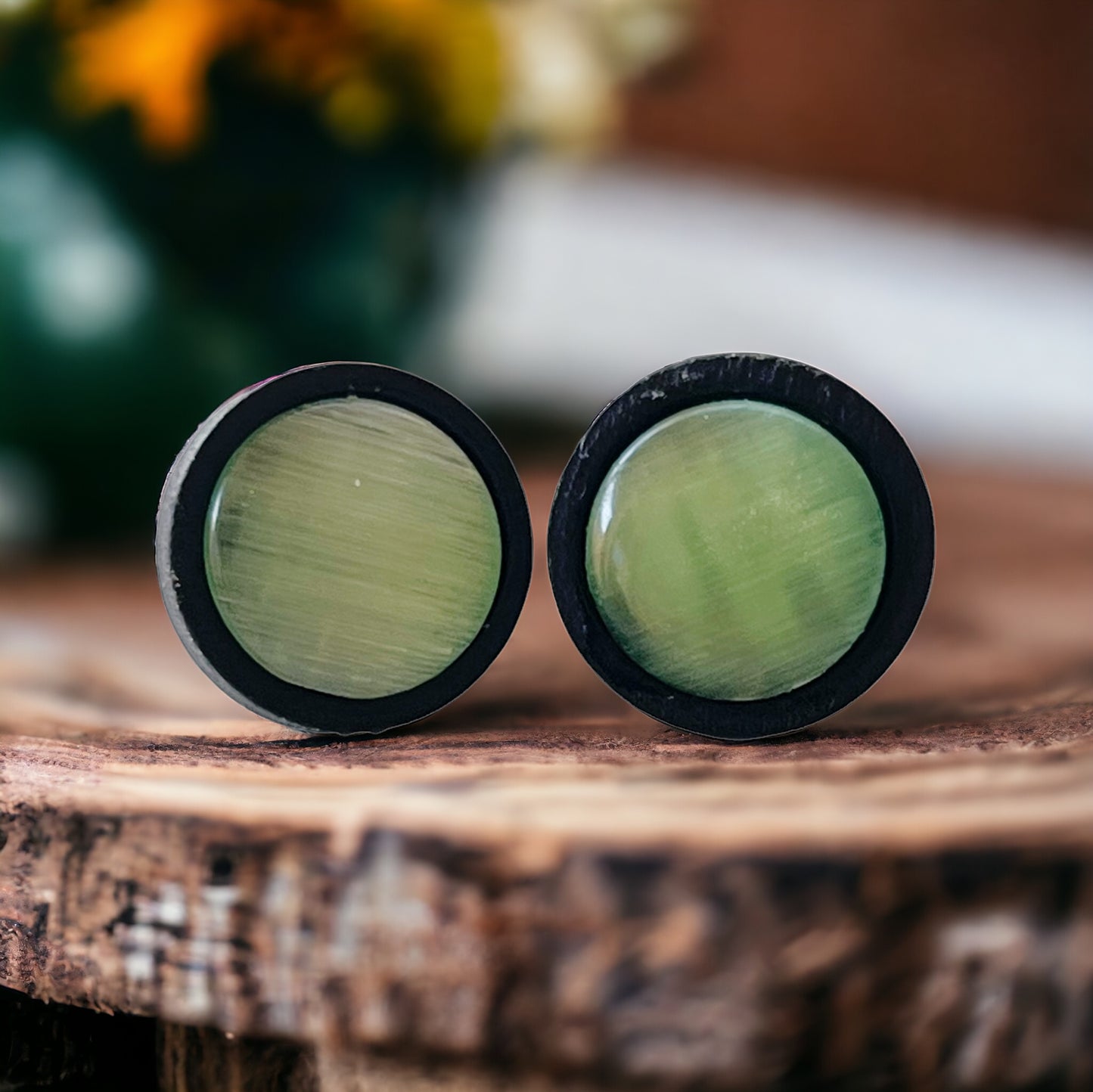 Green Glass Black Wood Unisex Stud Earrings - Stylish & Versatile Accessories