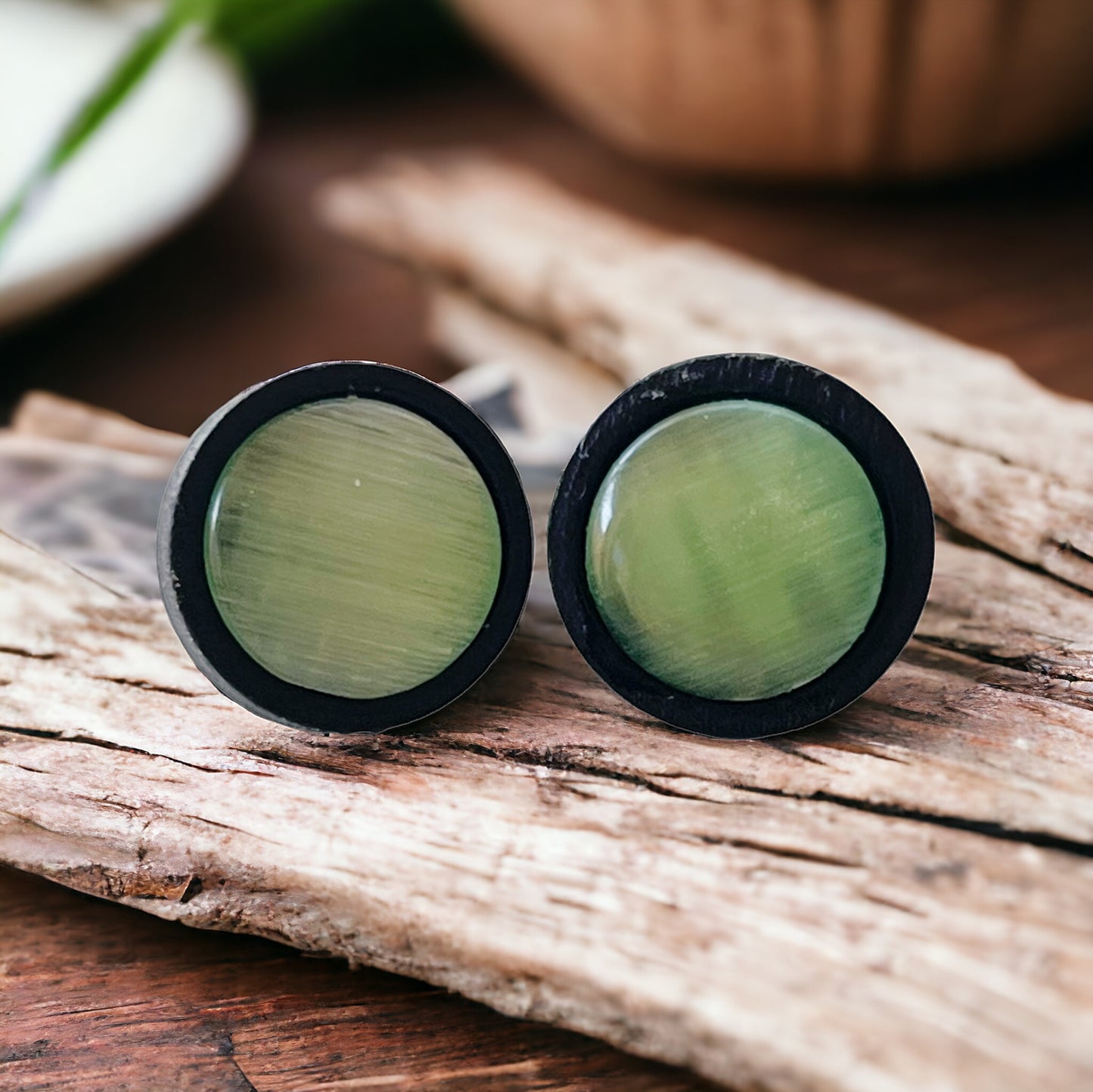 Green Glass Black Wood Unisex Stud Earrings - Stylish & Versatile Accessories