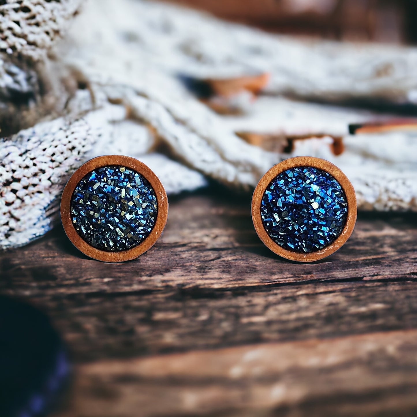 Blue Glitter Druzy Wood Stud Earrings - Sparkling Statement Accessories