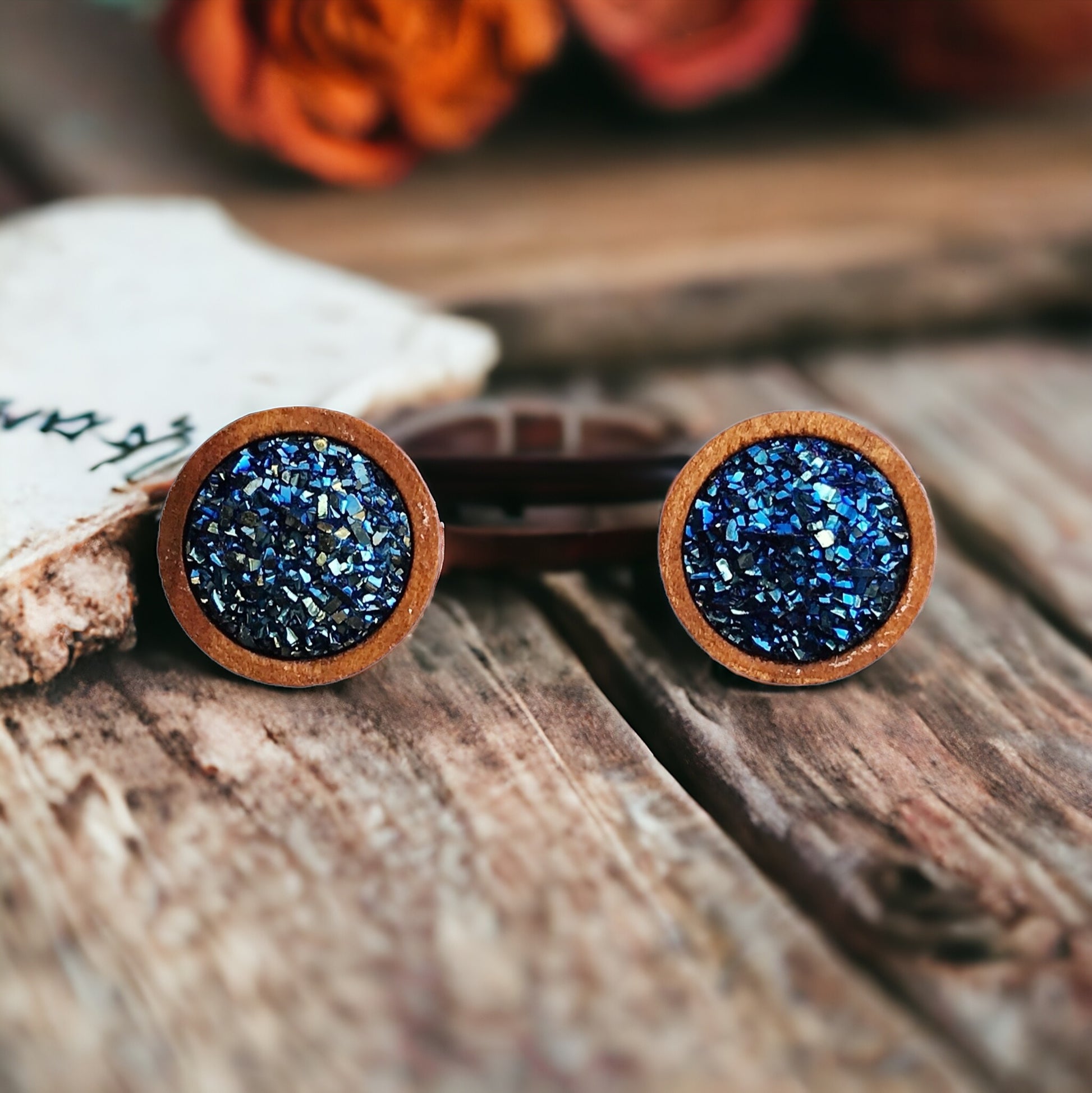 Blue Glitter Druzy Wood Stud Earrings - Sparkling Statement Accessories