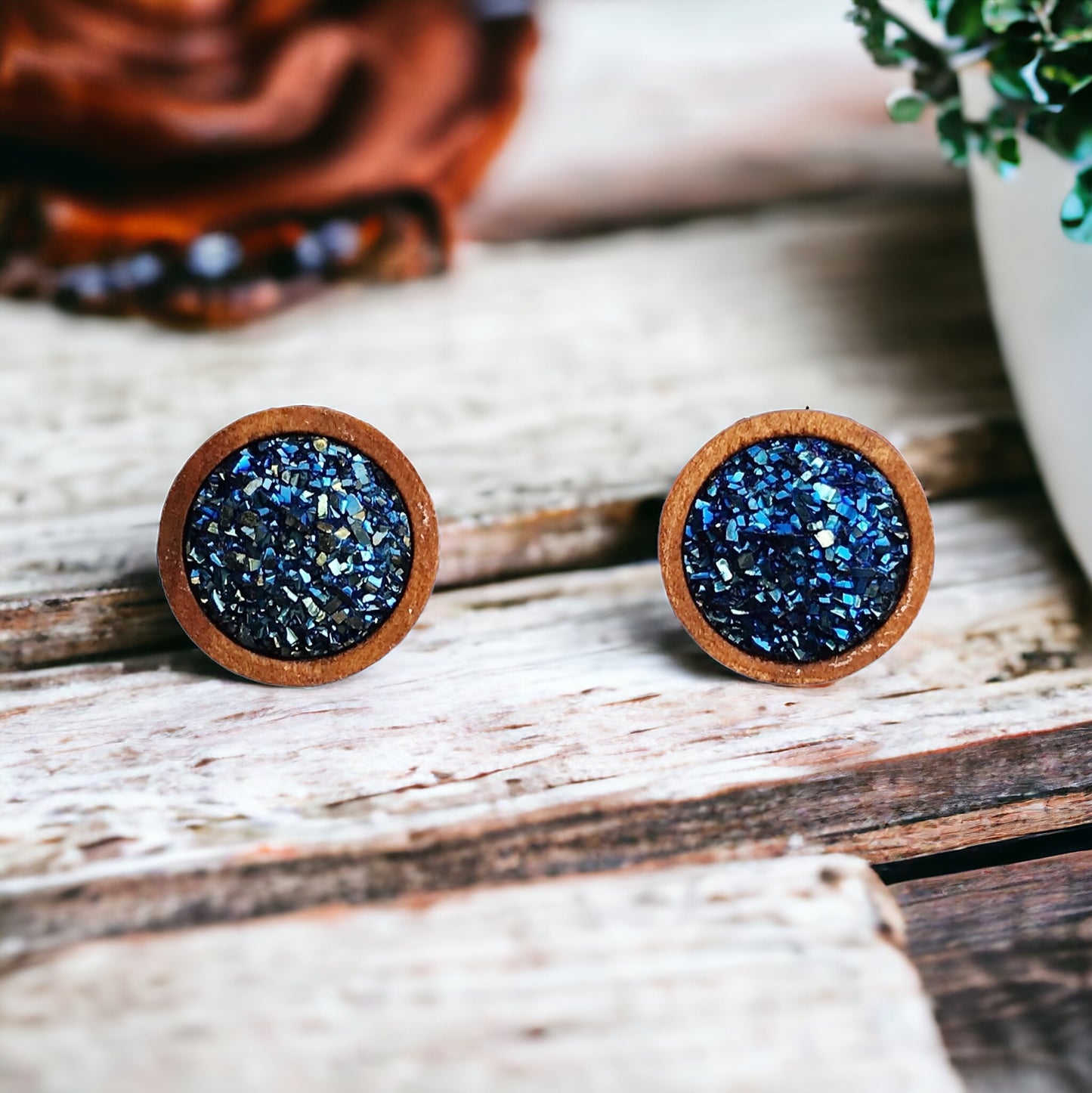 Blue Glitter Druzy Wood Stud Earrings - Sparkling Statement Accessories