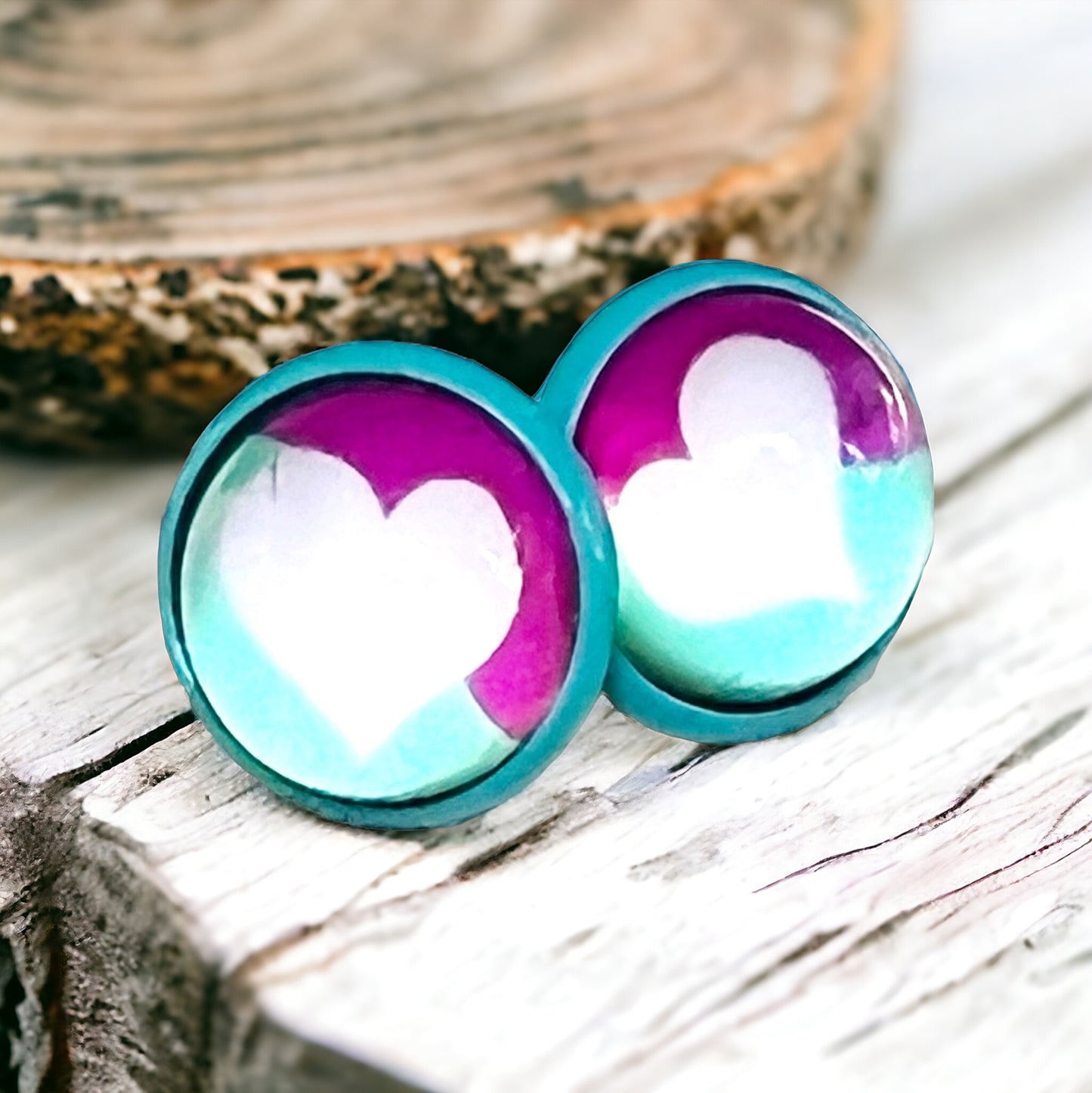 White Heart Blue & Purple Stud Earrings: Charming Accents for a Pop of Color