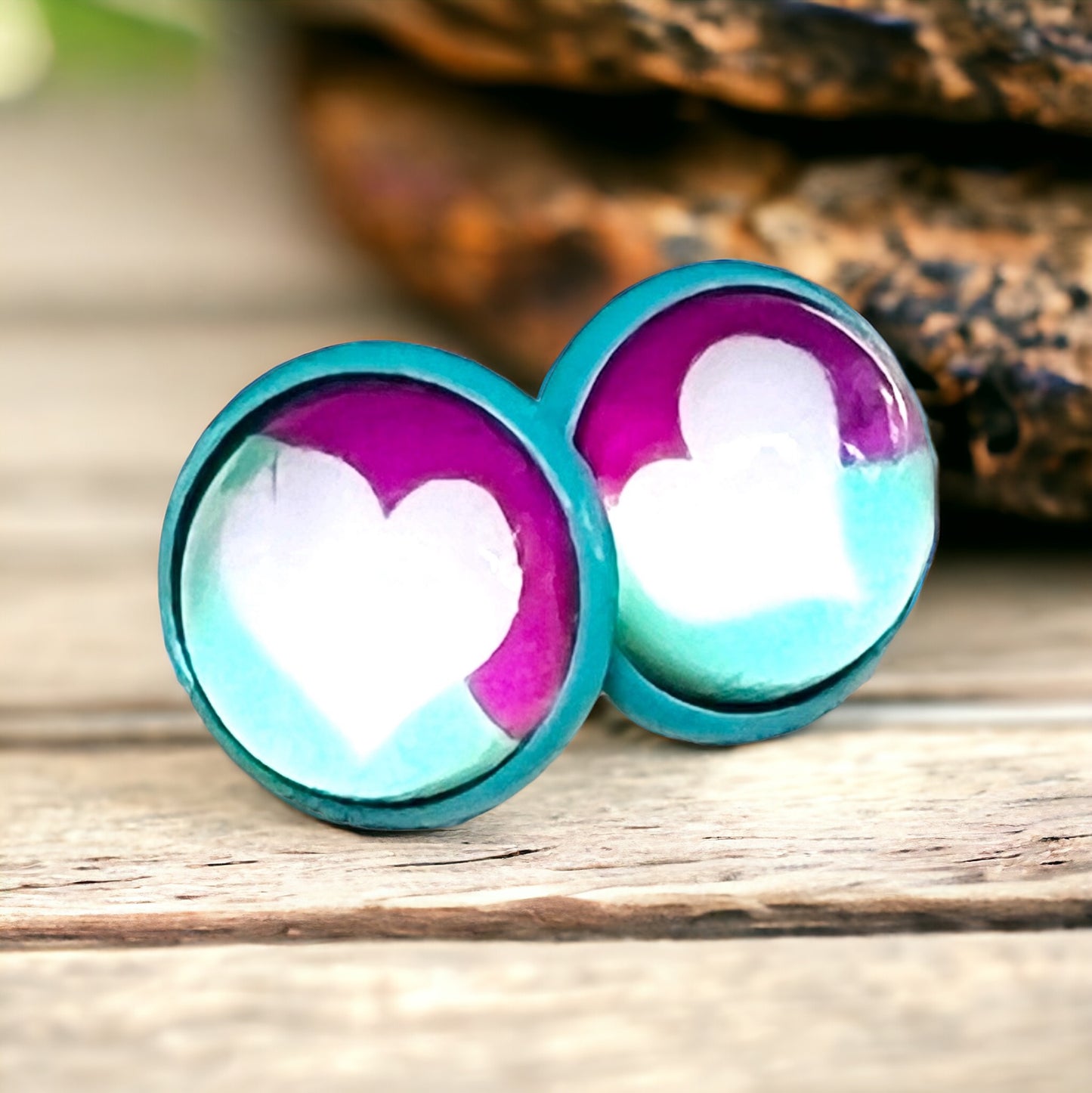 White Heart Blue & Purple Stud Earrings: Charming Accents for a Pop of Color