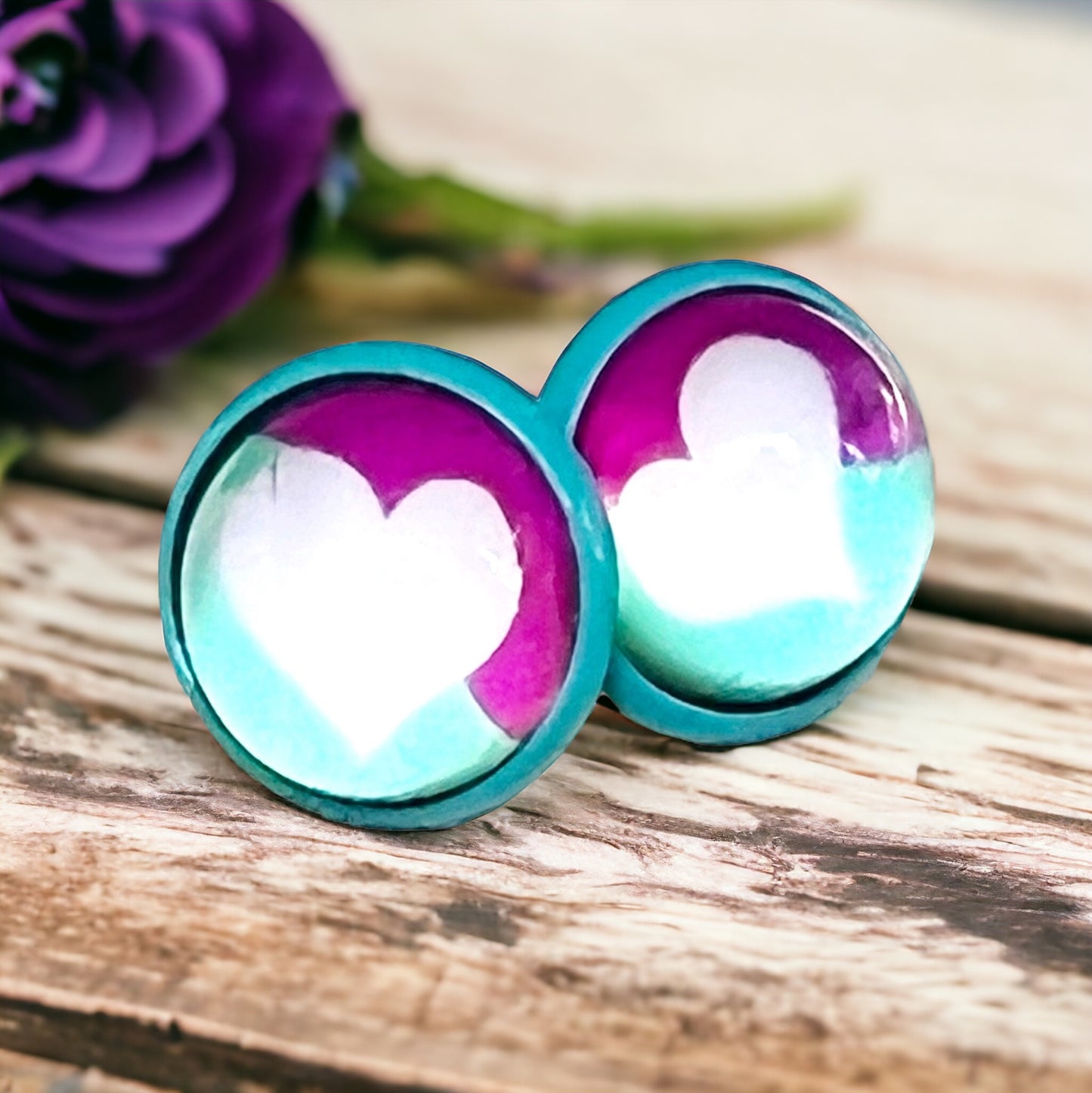 White Heart Blue & Purple Stud Earrings: Charming Accents for a Pop of Color