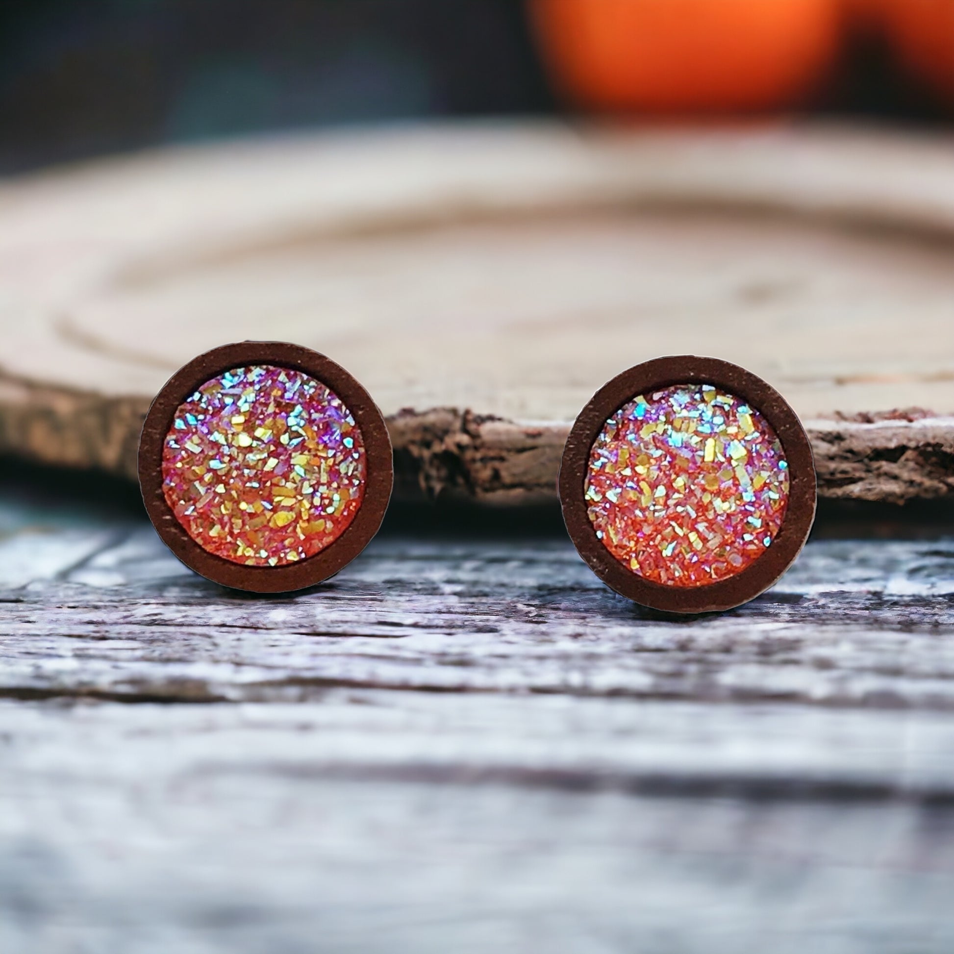 Orange Glitter Druzy Wood Stud Earrings - Sparkling & Vibrant Accessories