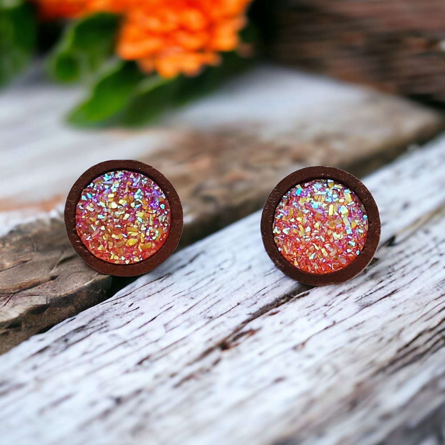 Orange Glitter Druzy Wood Stud Earrings - Sparkling & Vibrant Accessories