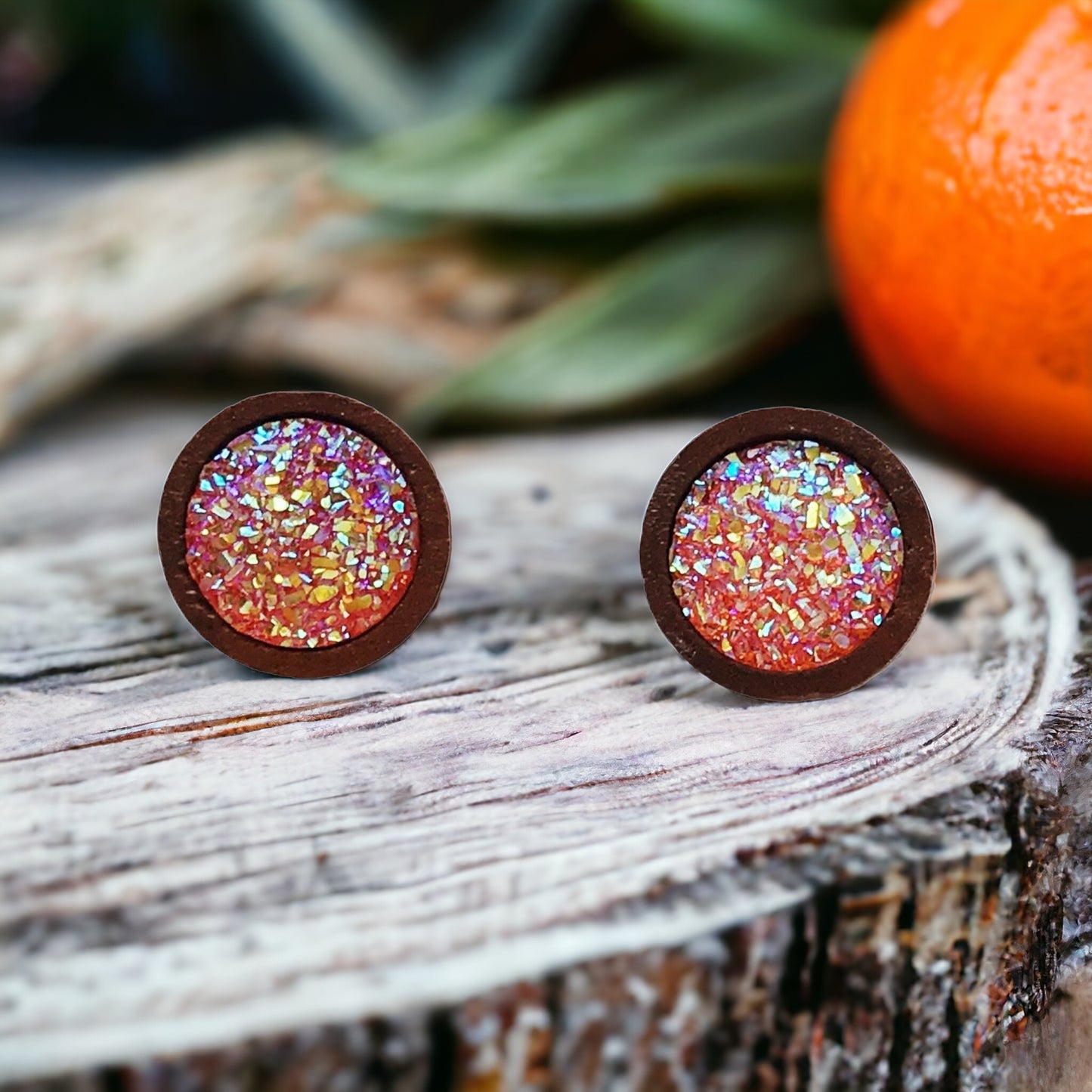 Orange Glitter Druzy Wood Stud Earrings - Sparkling & Vibrant Accessories