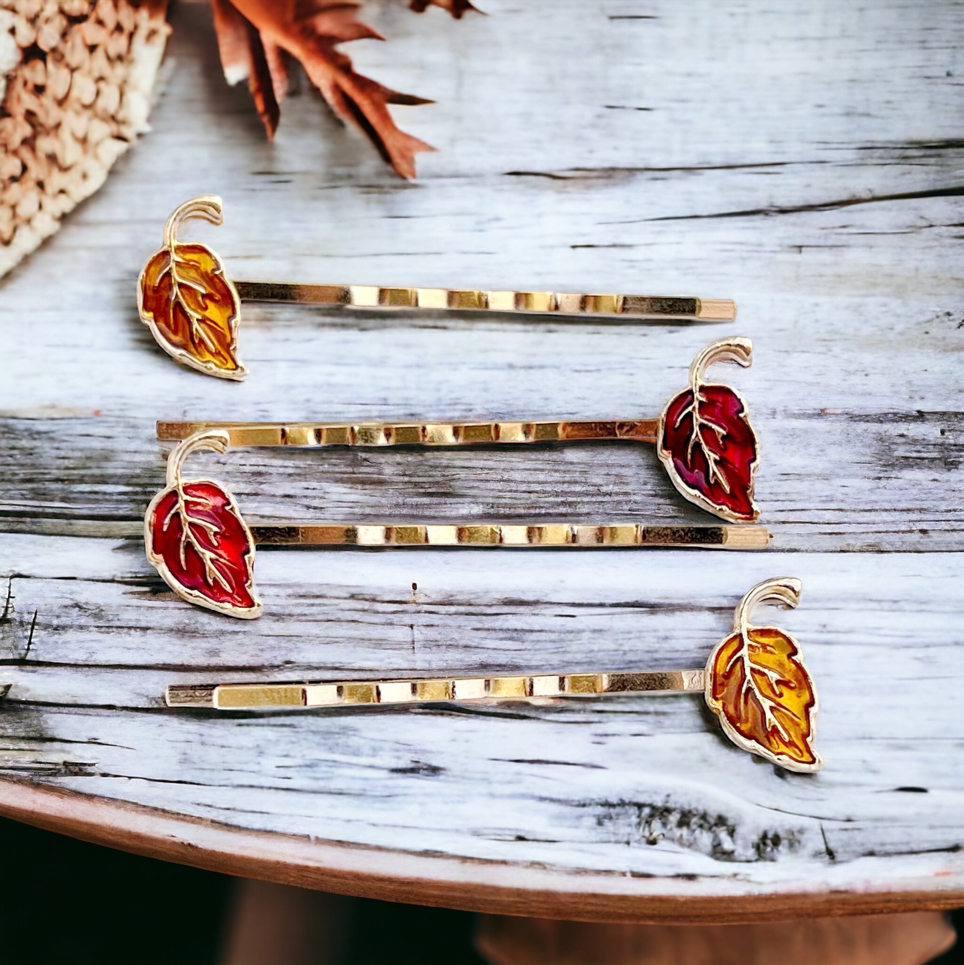 Red & Orange Enamel Leaf Hair Pins - Colorful & Stylish Accessories