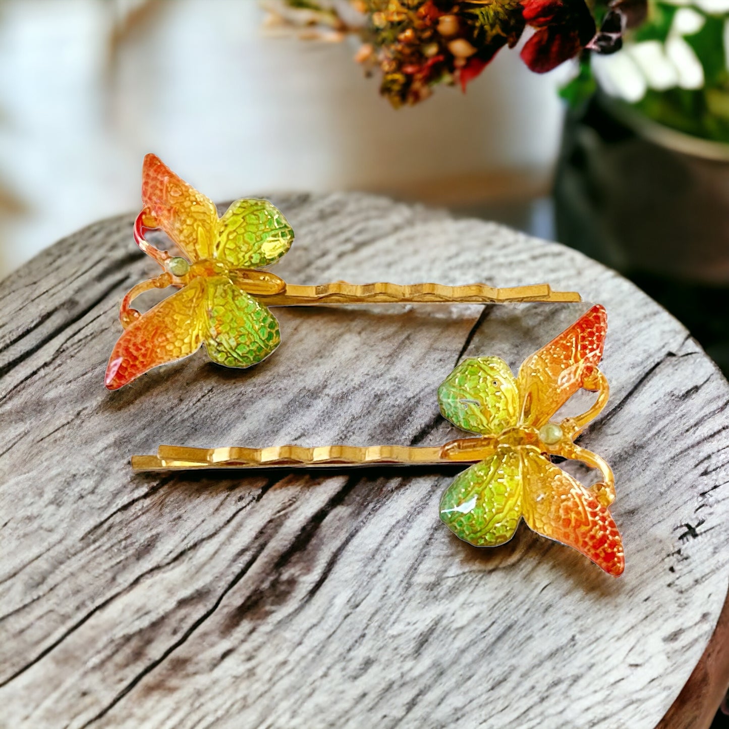 Orange & Green Butterfly Hair Pins: Vibrant Nature-inspired Accessories