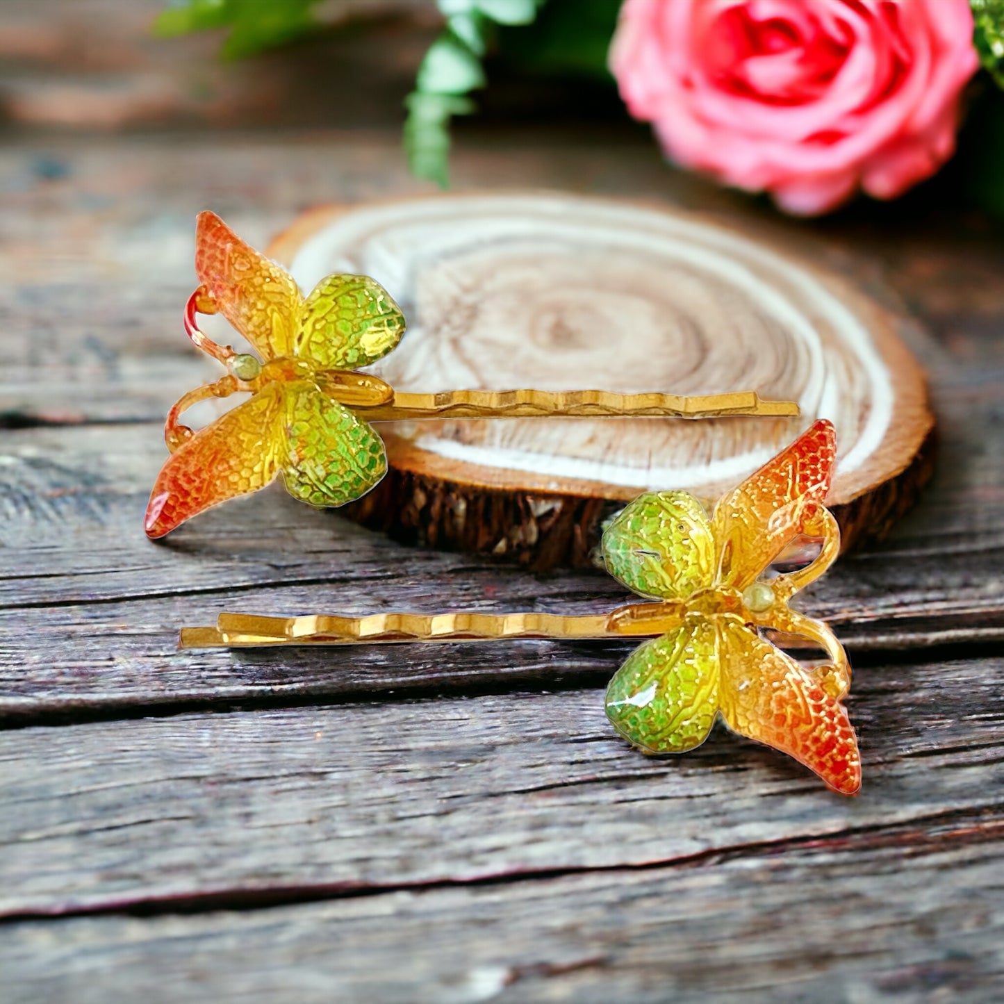 Orange & Green Butterfly Hair Pins: Vibrant Nature-inspired Accessories