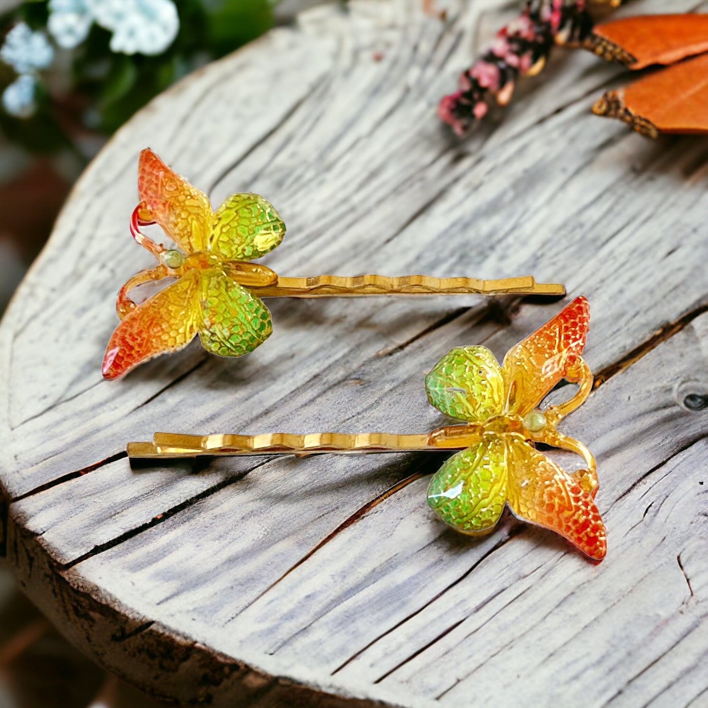 Orange & Green Butterfly Hair Pins: Vibrant Nature-inspired Accessories