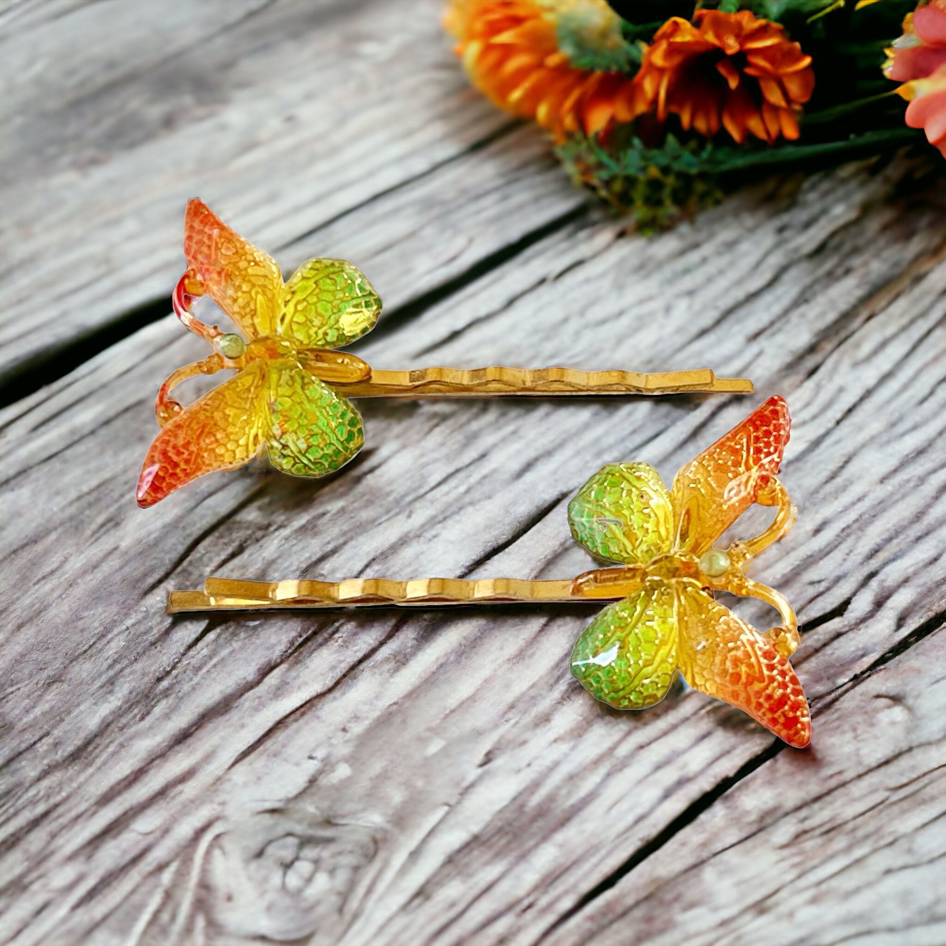 Orange & Green Butterfly Hair Pins: Vibrant Nature-inspired Accessories